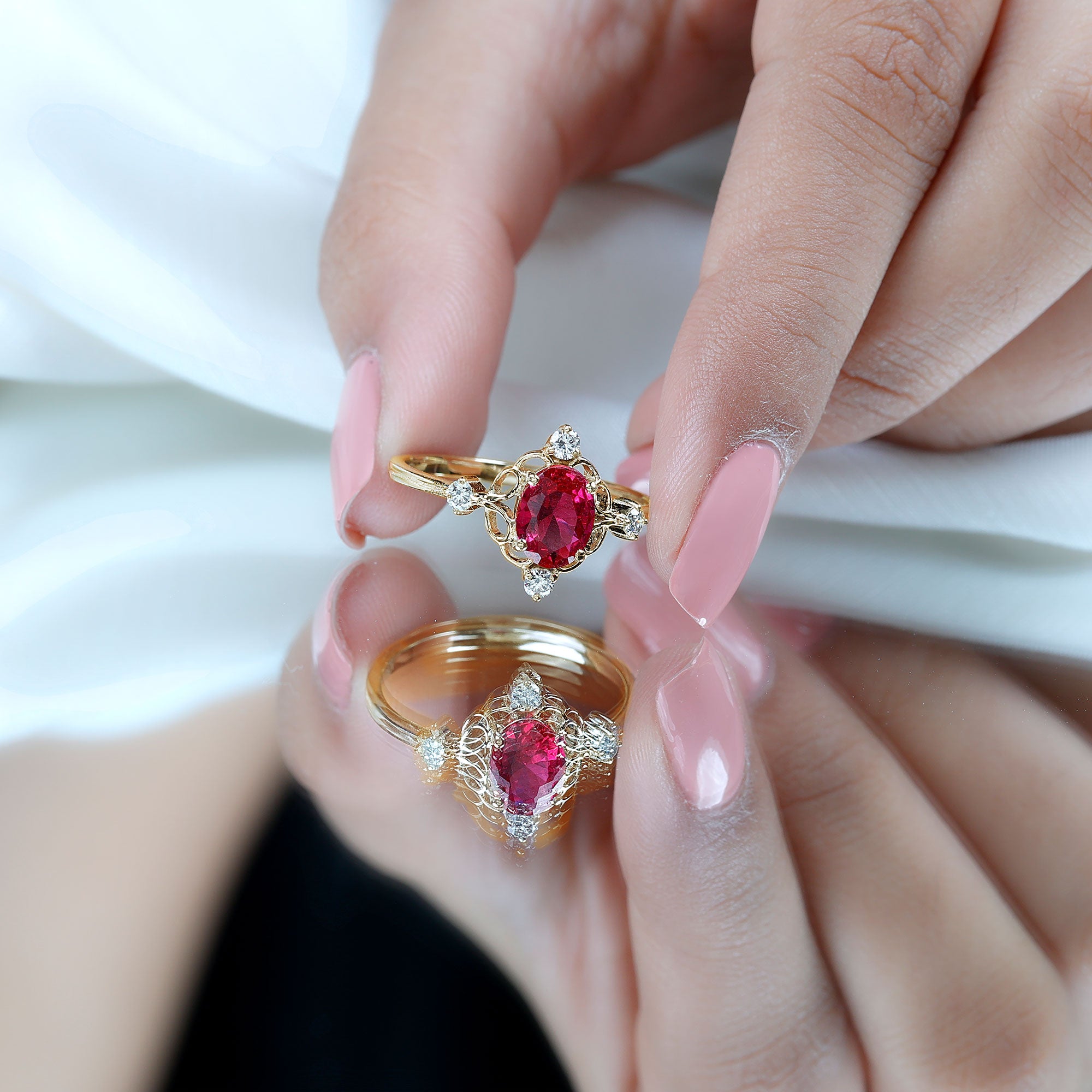 Rosec Jewels-Oval Cut Created Ruby Solitaire Cocktail Ring with Diamond