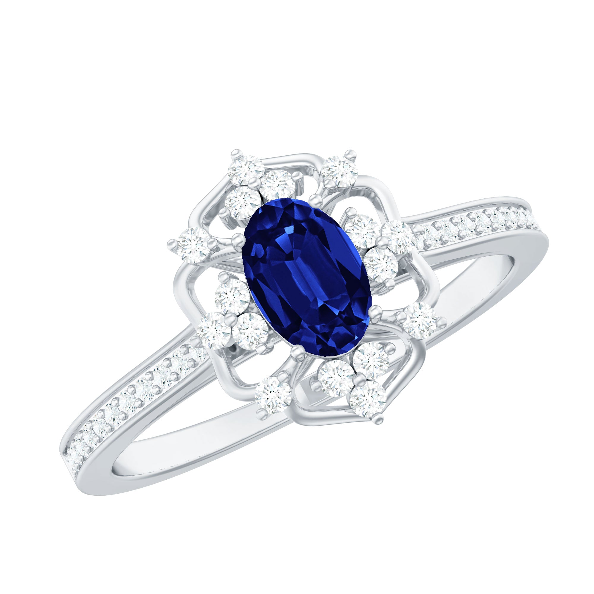 Vintage Style Created Blue Sapphire and Diamond Flower Engagement Ring