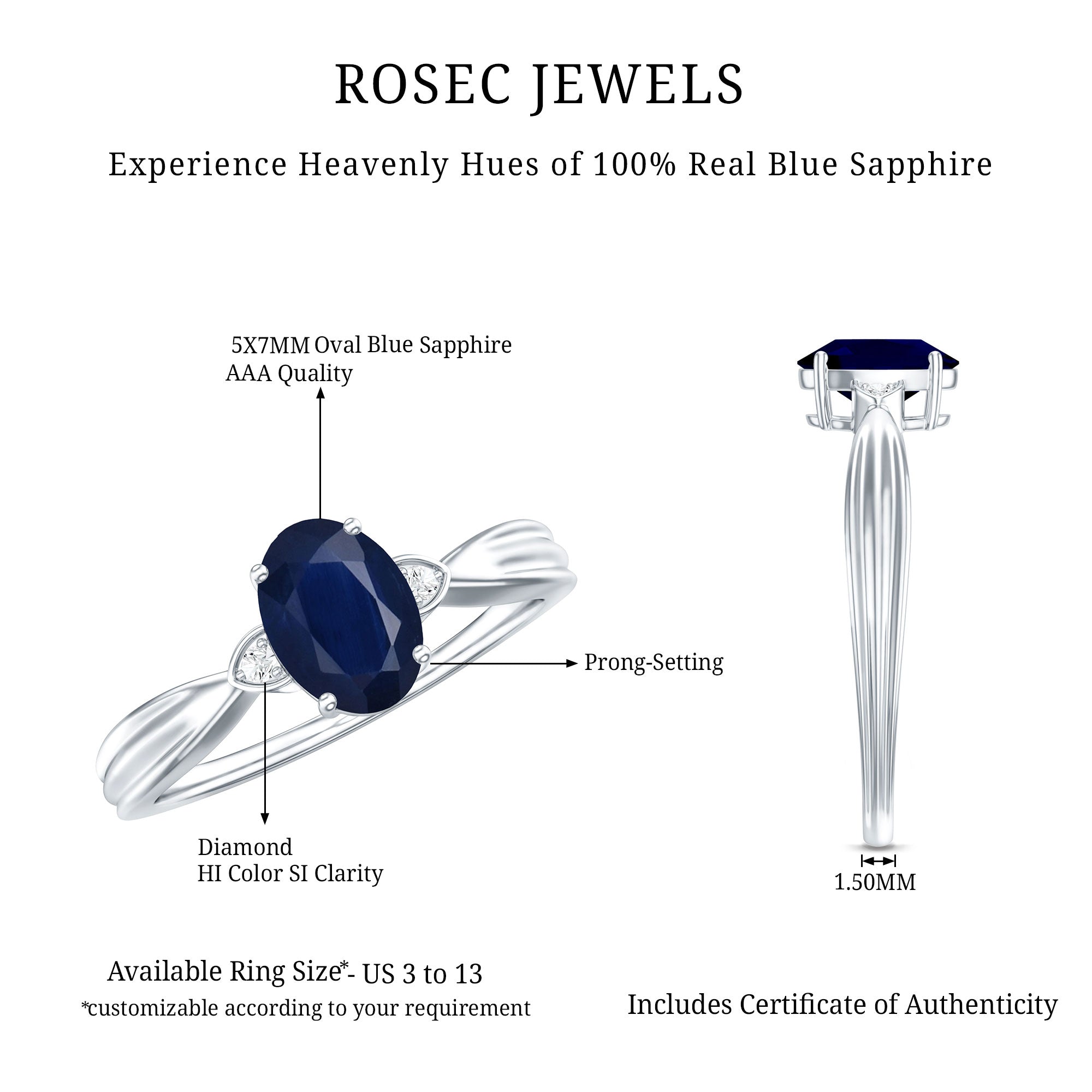 Rosec Jewels-Oval Shape Real Blue Sapphire Solitaire Ring with Diamond