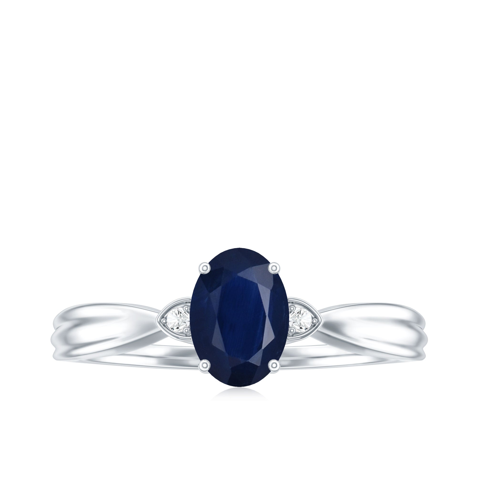 Rosec Jewels-Oval Shape Real Blue Sapphire Solitaire Ring with Diamond