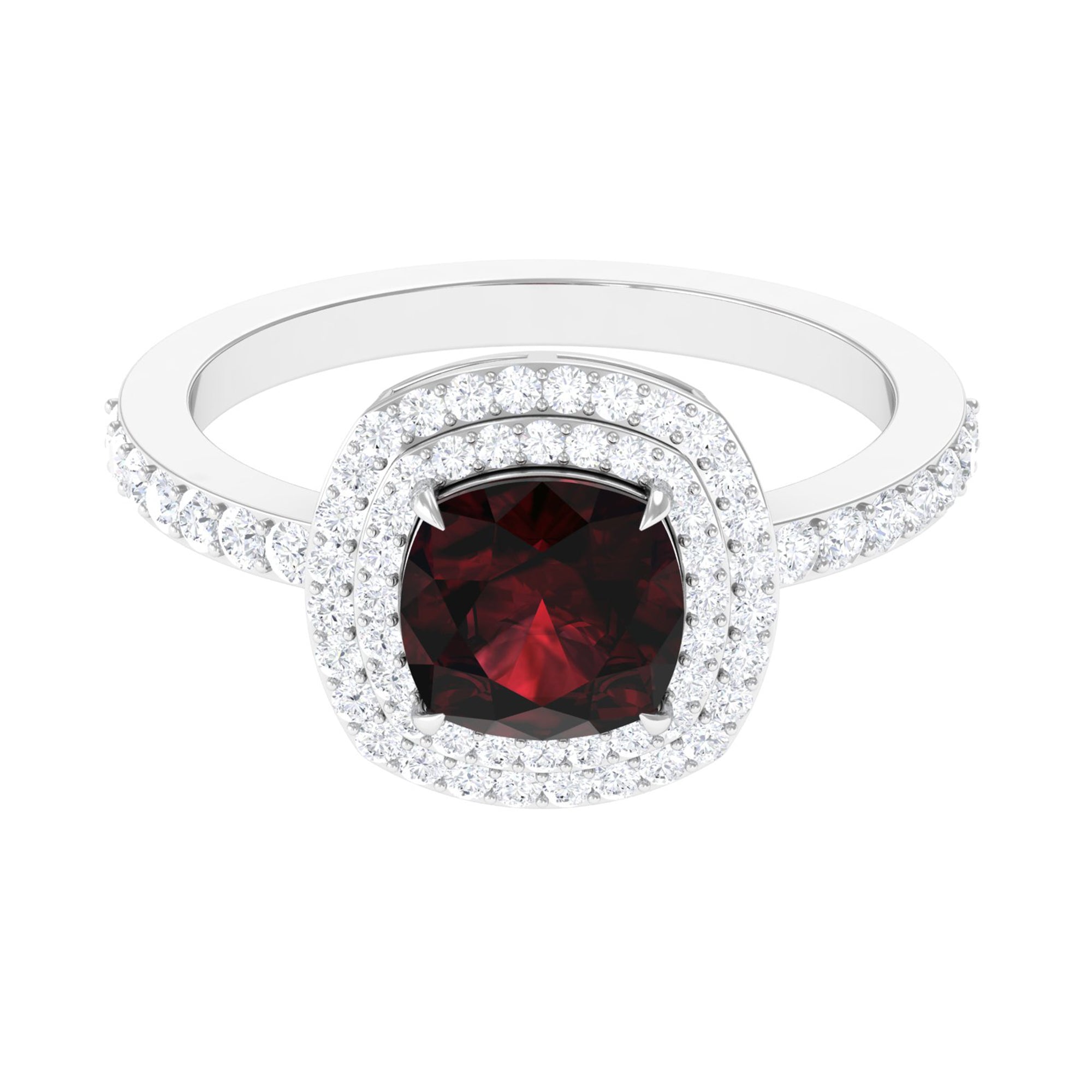 Cushion Cut Garnet Double Halo Engagement Ring with Diamond