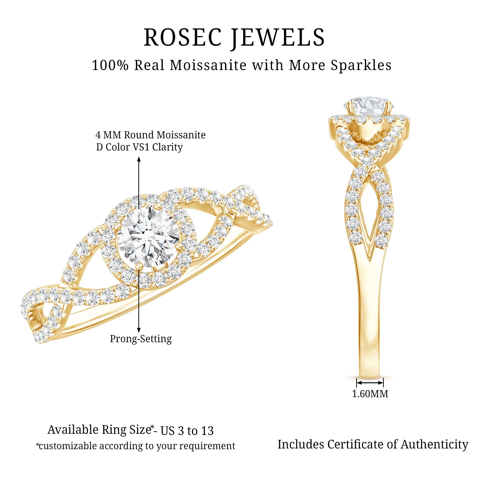 Round Shape Moissanite Crossover Engagement Ring for Women D-VS1 - Rosec Jewels