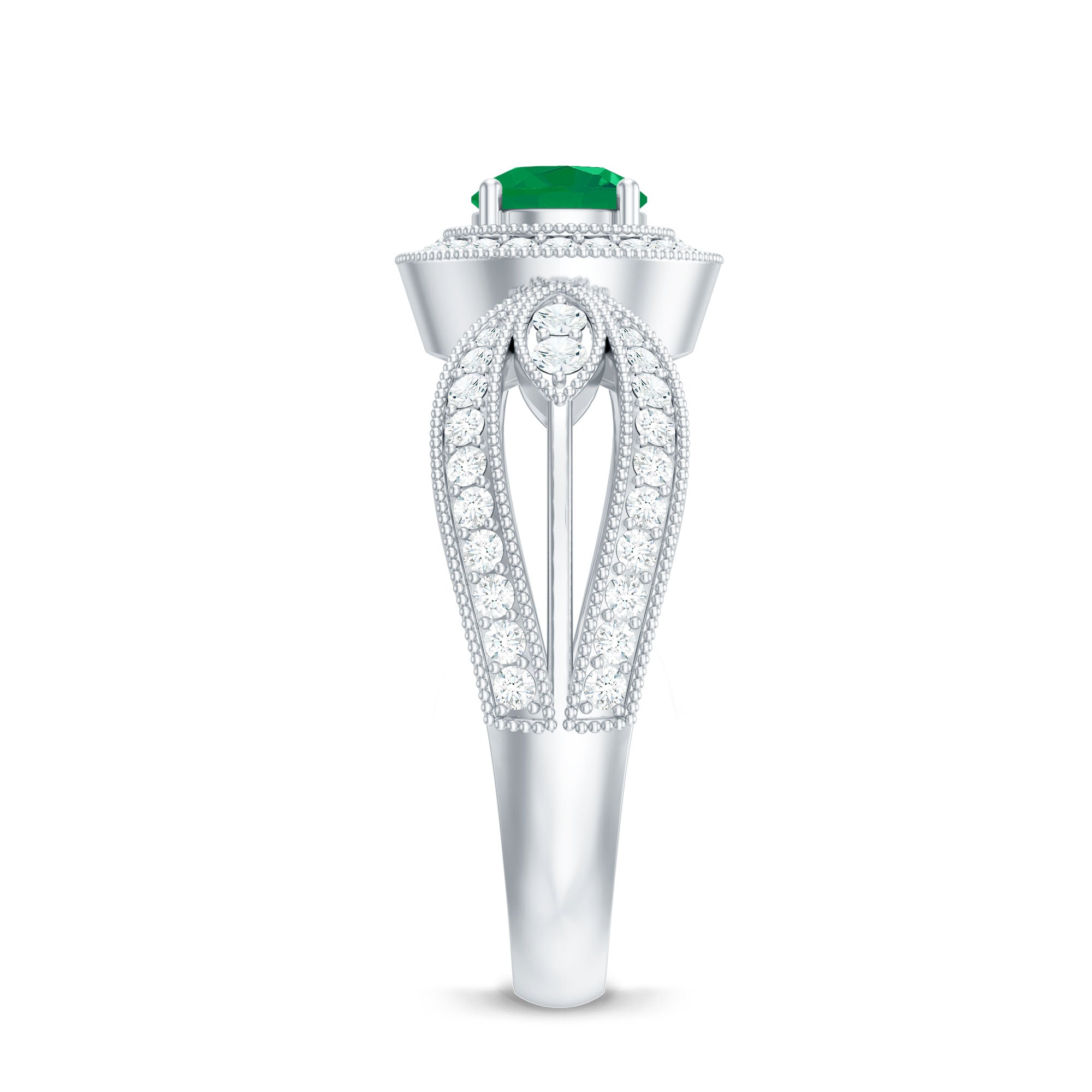 Real Emerald Diamond Vintage Looking Engagement Ring with Split Shank AAA - Rosec Jewels