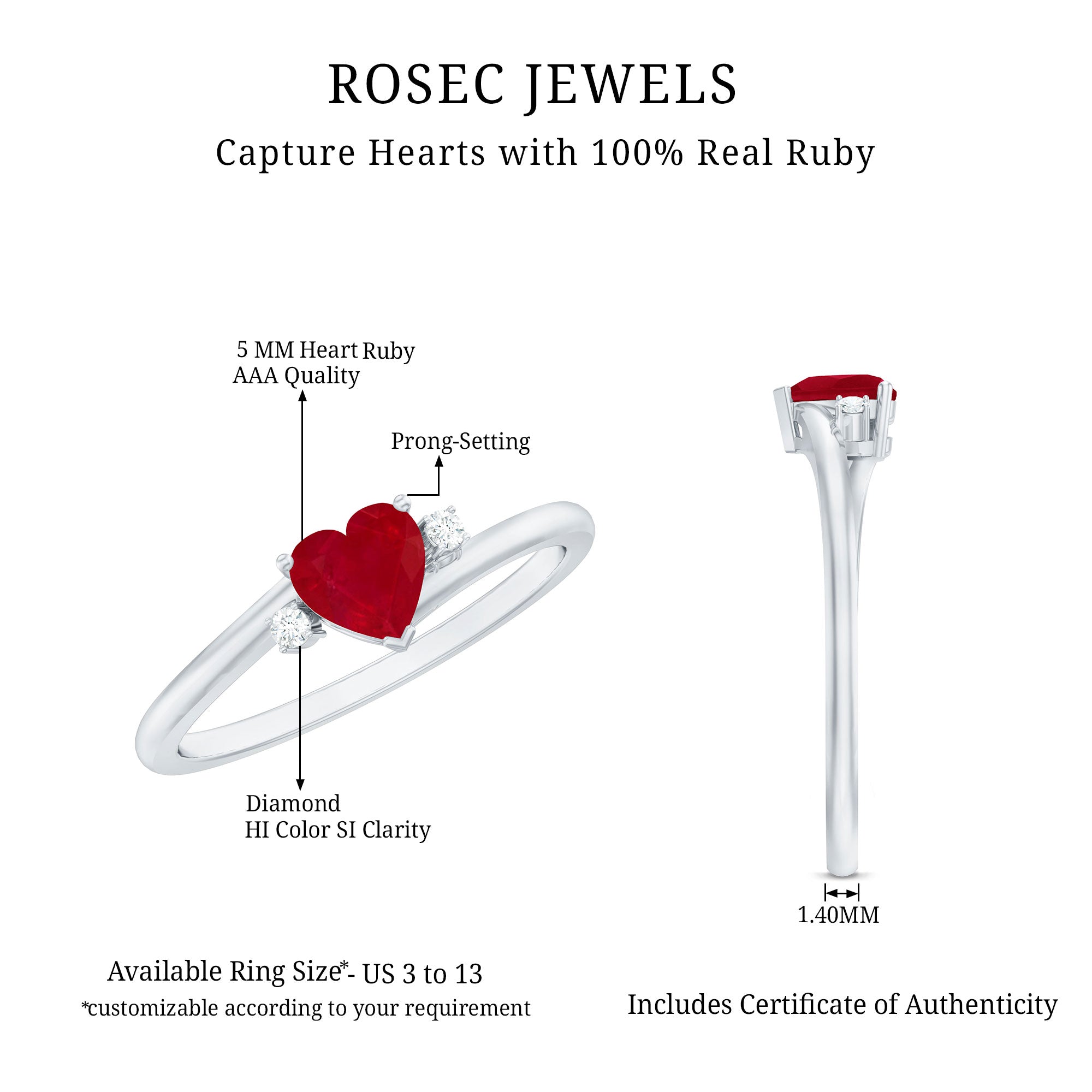 Real 0.6 Carat Ruby Diamond Heart Promise Ring with Bypass Shank AAA - Rosec Jewels