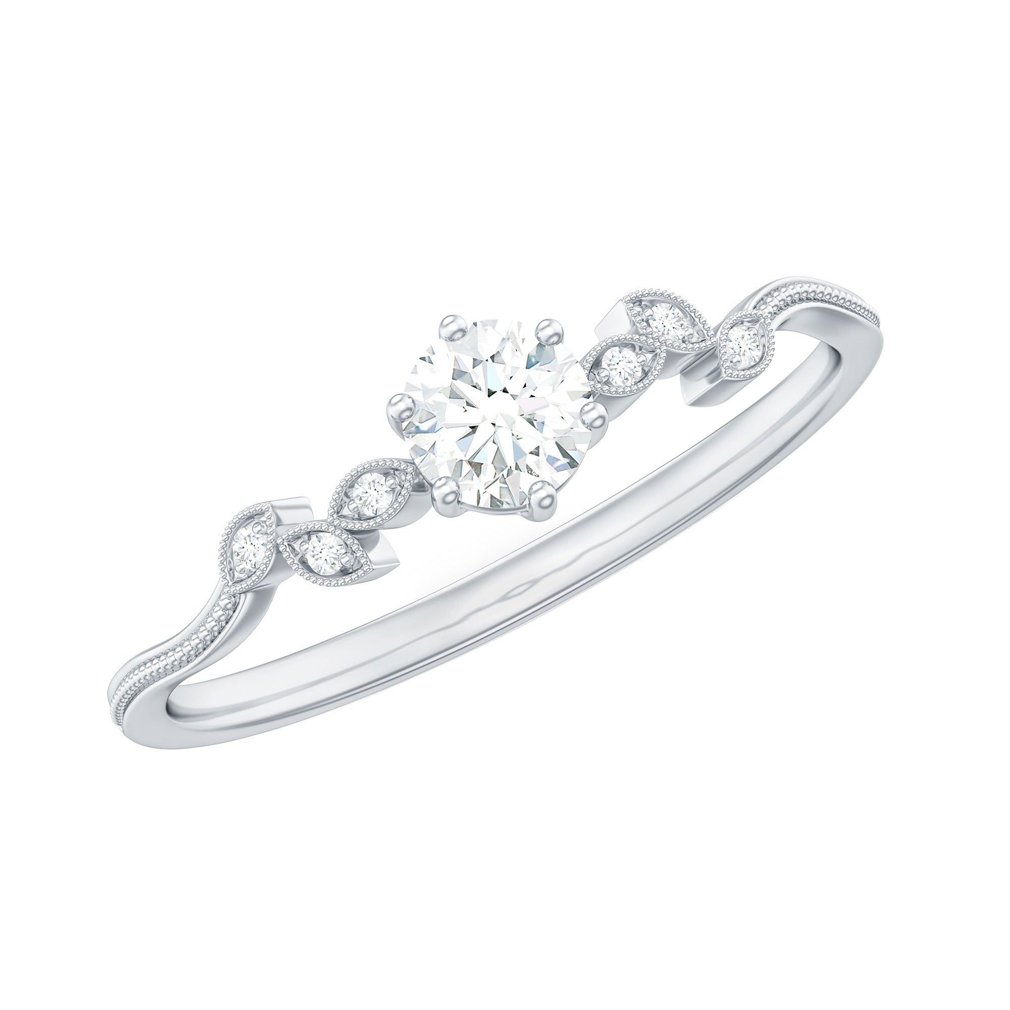 Minimalist Moissanite Leaf Promise Ring with Beaded Detail
