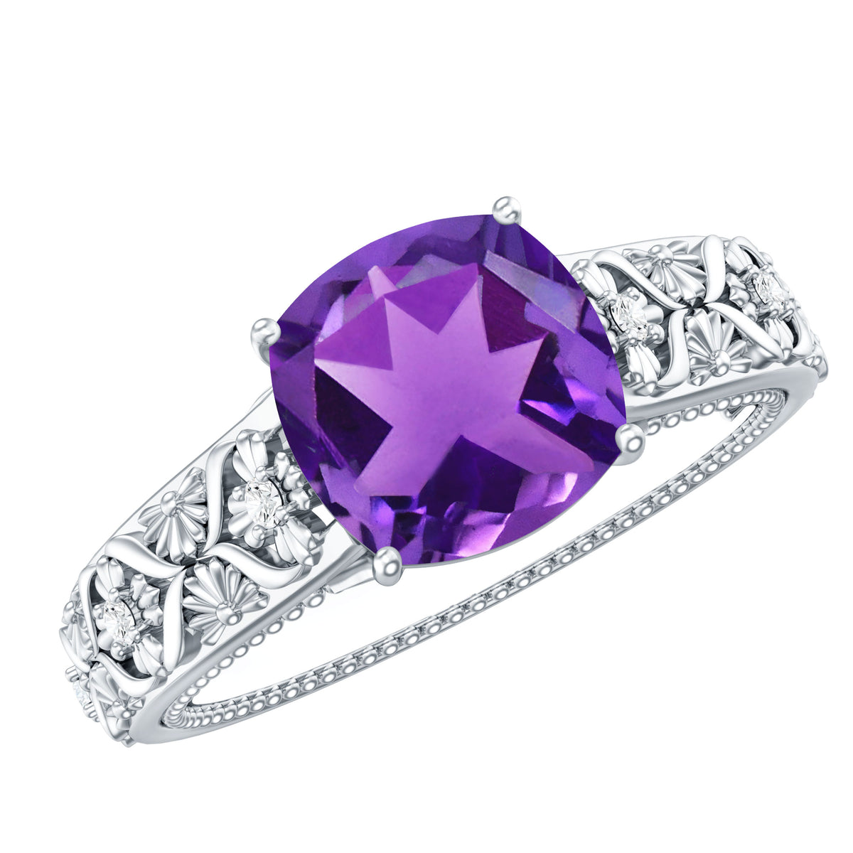 Vintage Inspired 2 Carat Amethyst Cushion Cut Engagement Ring with Diamond AAA - Rosec Jewels