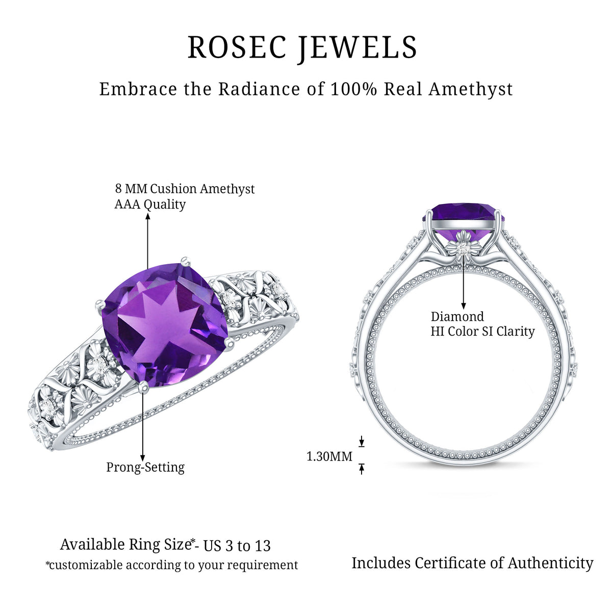 Vintage Inspired 2 Carat Amethyst Cushion Cut Engagement Ring with Diamond AAA - Rosec Jewels