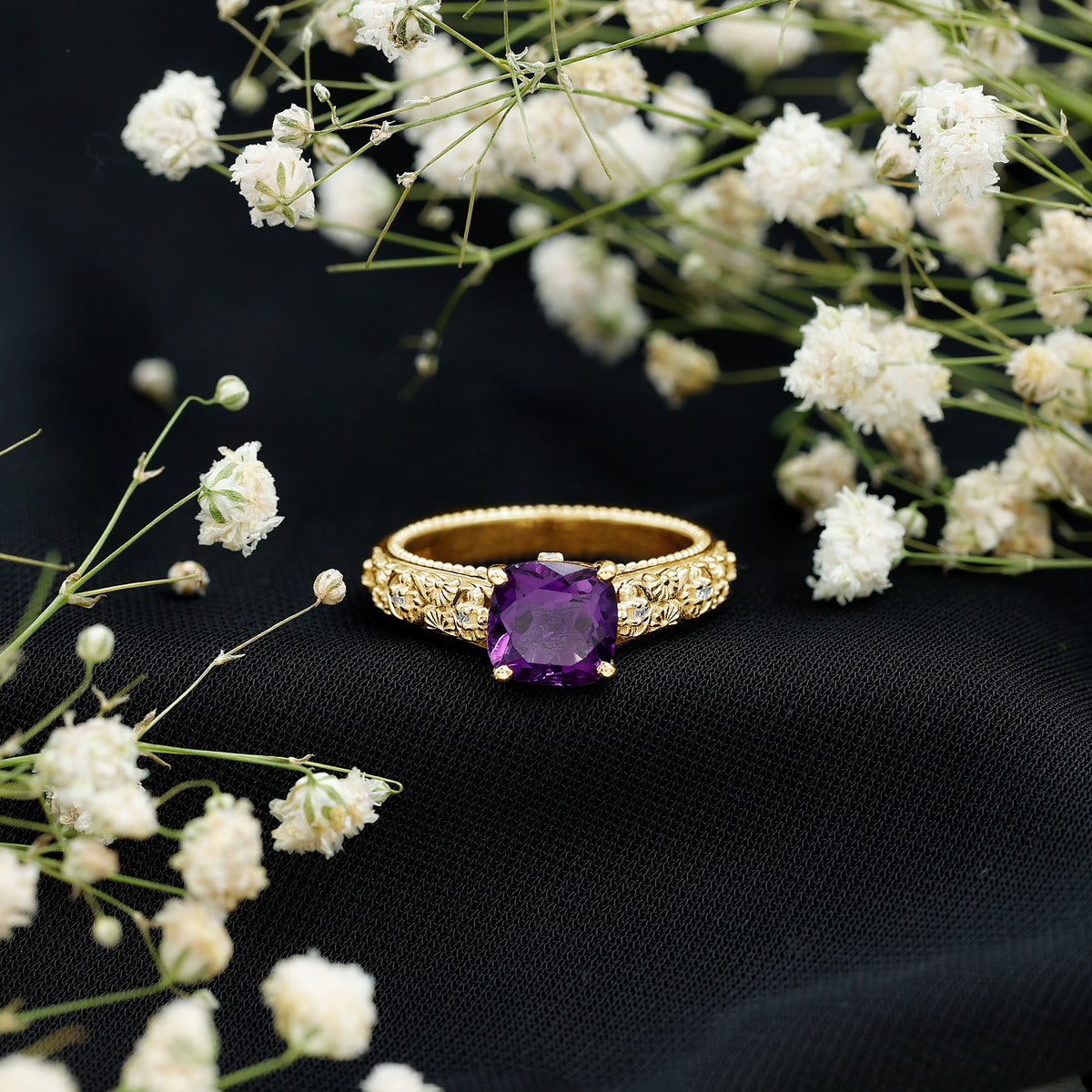 Vintage Inspired 2 Carat Amethyst Cushion Cut Engagement Ring with Diamond AAA - Rosec Jewels