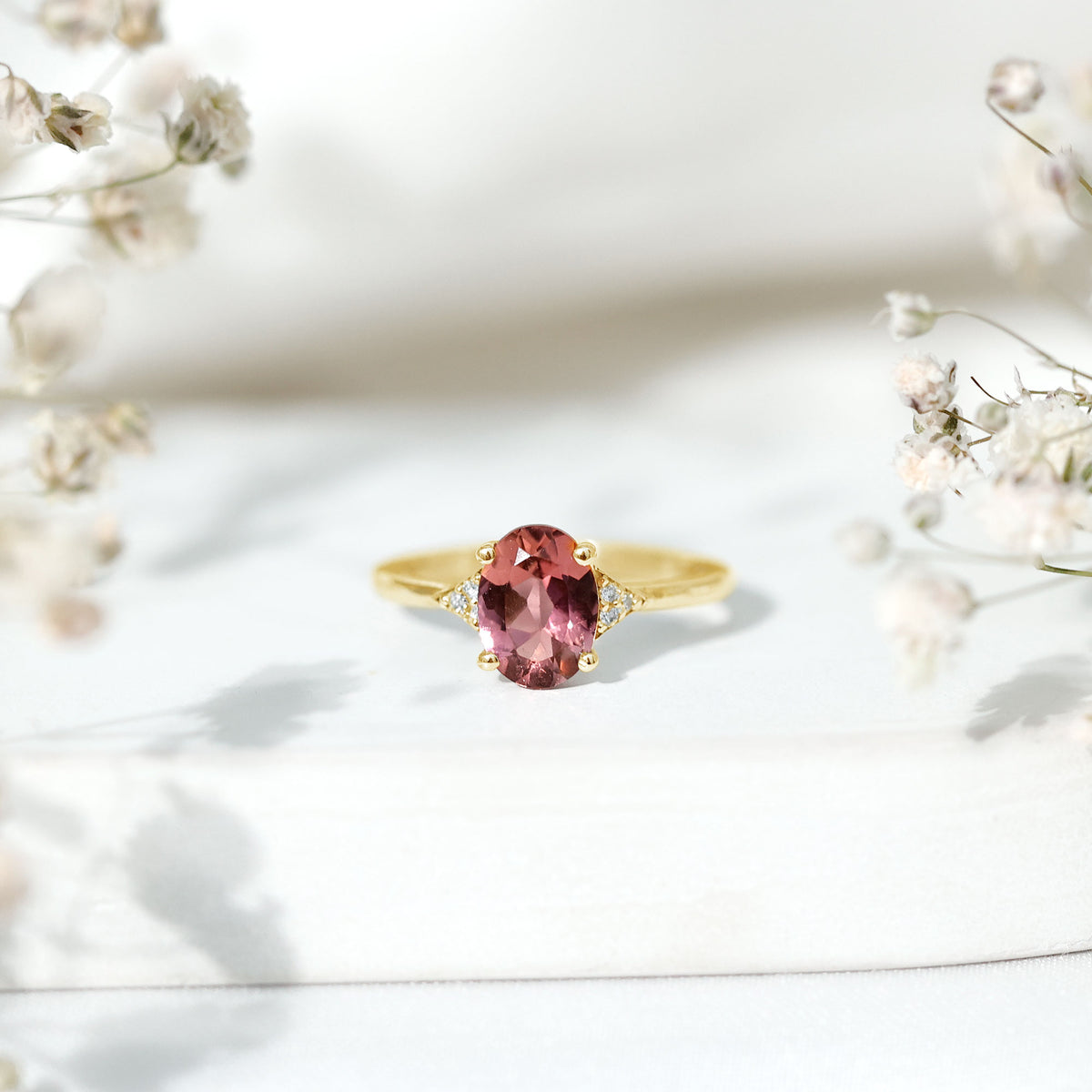 1 Carat Pink Tourmaline Oval Engagement Ring with Diamond AAA - Rosec Jewels