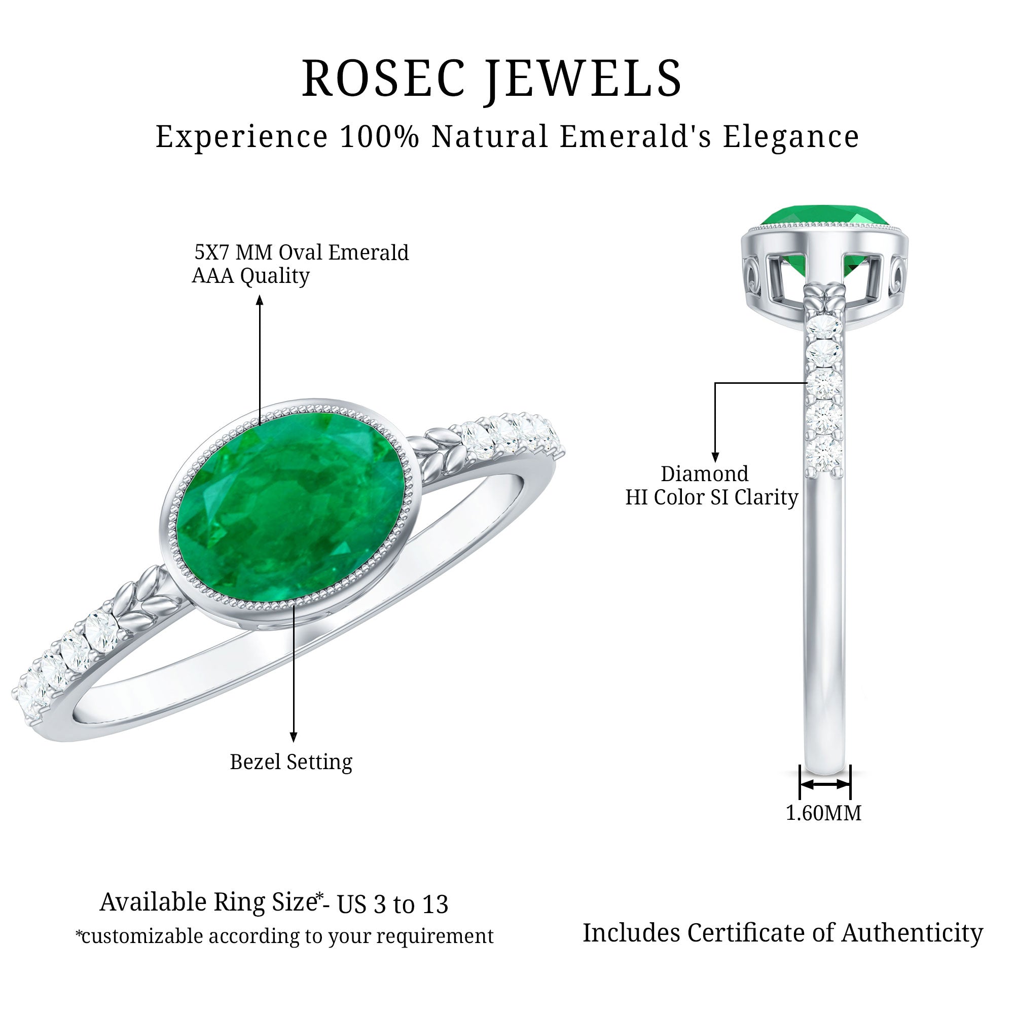 Rosec Jewels-Natural Oval Shape Emerald East West Engagement Ring with Diamond