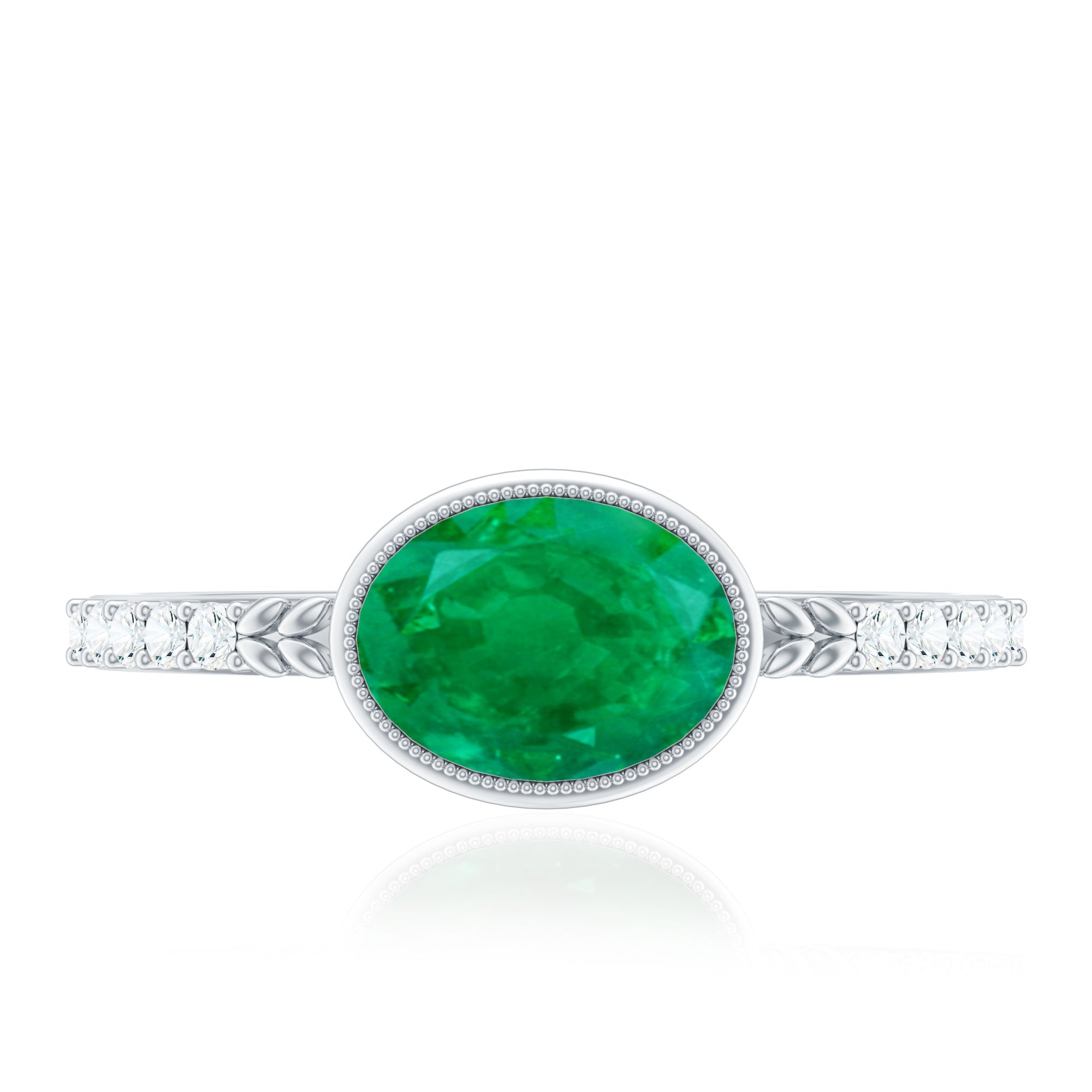 Rosec Jewels-Natural Oval Shape Emerald East West Engagement Ring with Diamond