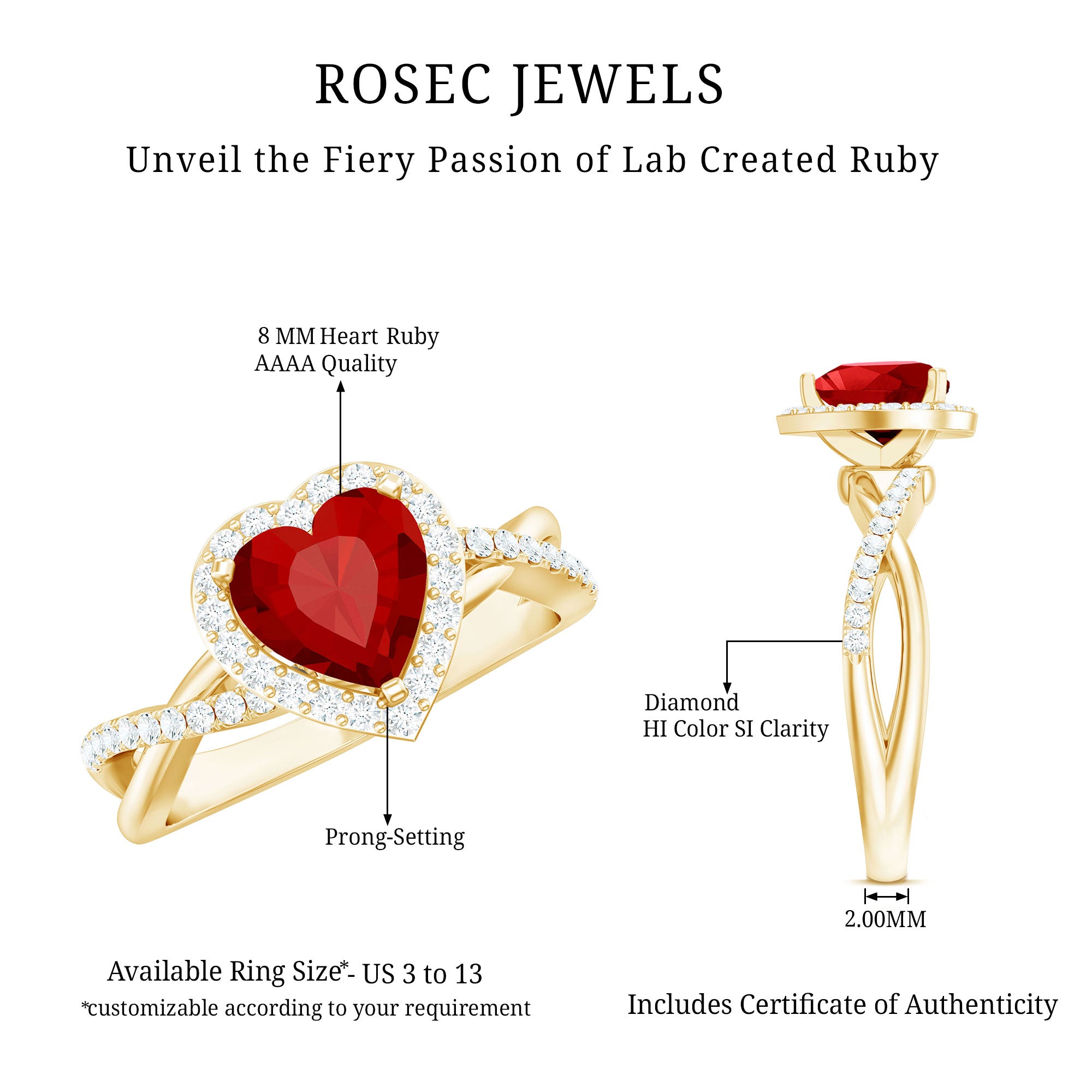 Rosec Jewels-Heart Shaped Lab Created Ruby Crossover Engagement Ring with Natural Diamonds