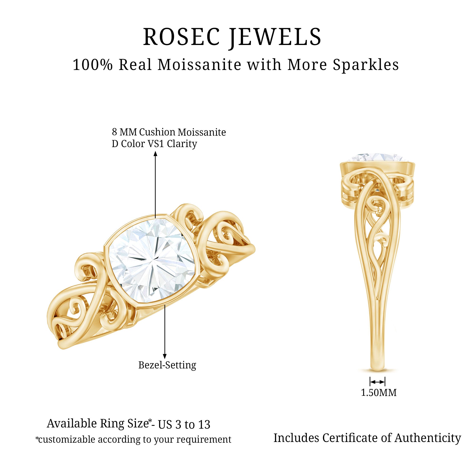 Vintage Style Cushion Moissanite Solitaire Ring in Bezel Setting D-VS1 - Rosec Jewels