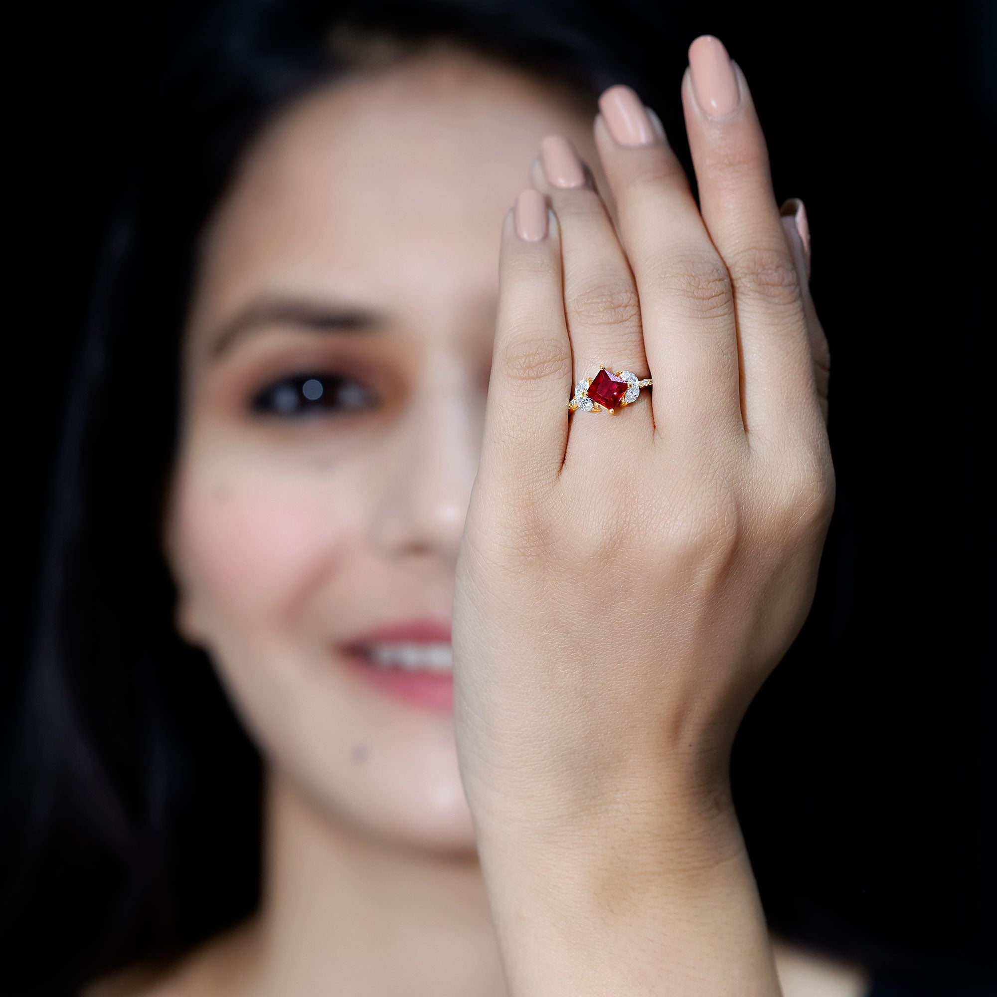 Princess Cut Lab Grown Ruby Solitaire Ring with Diamond AAAA - Rosec Jewels