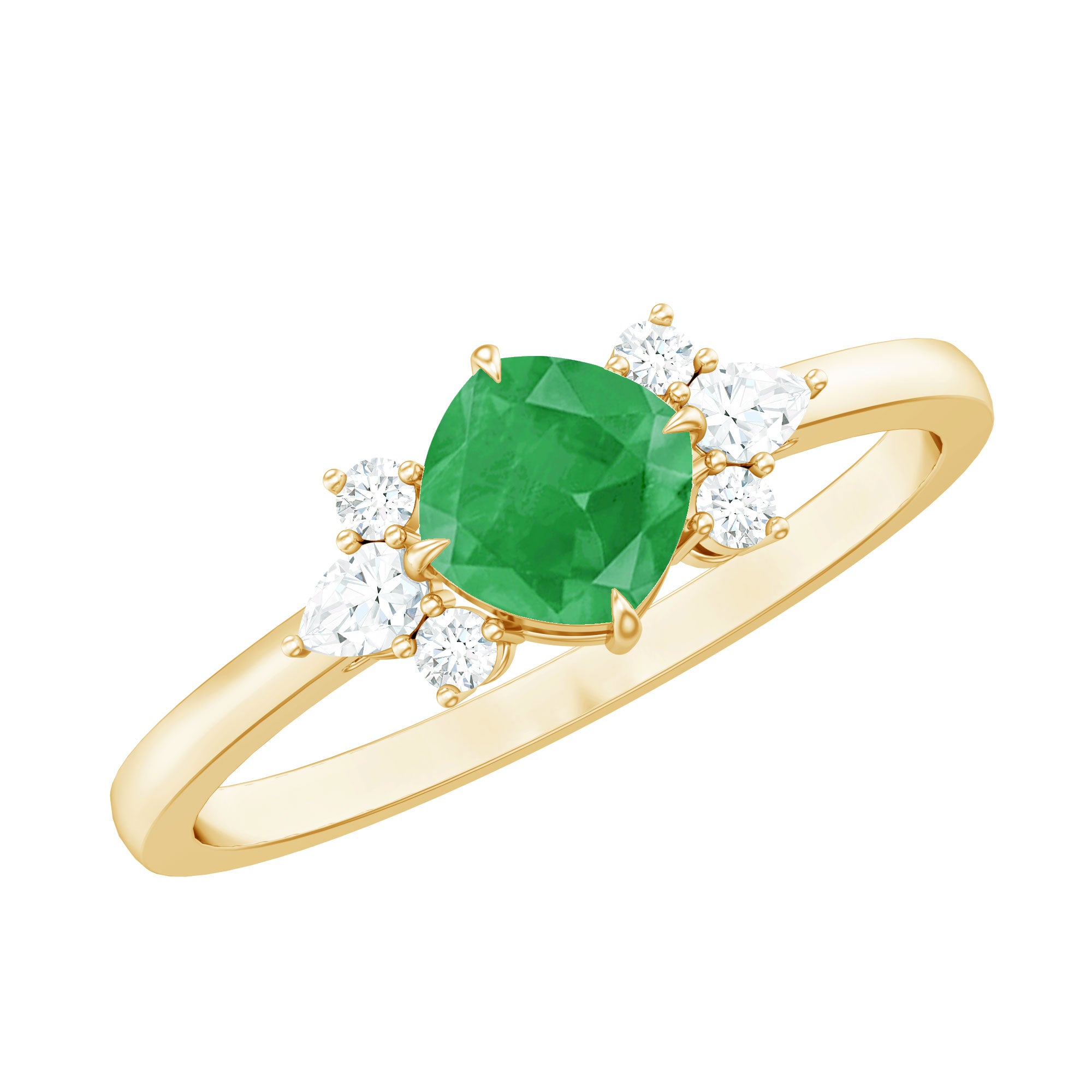 Certified Real Cushion Cut Emerald Engagement Ring with Diamond Trio AAA - Rosec Jewels