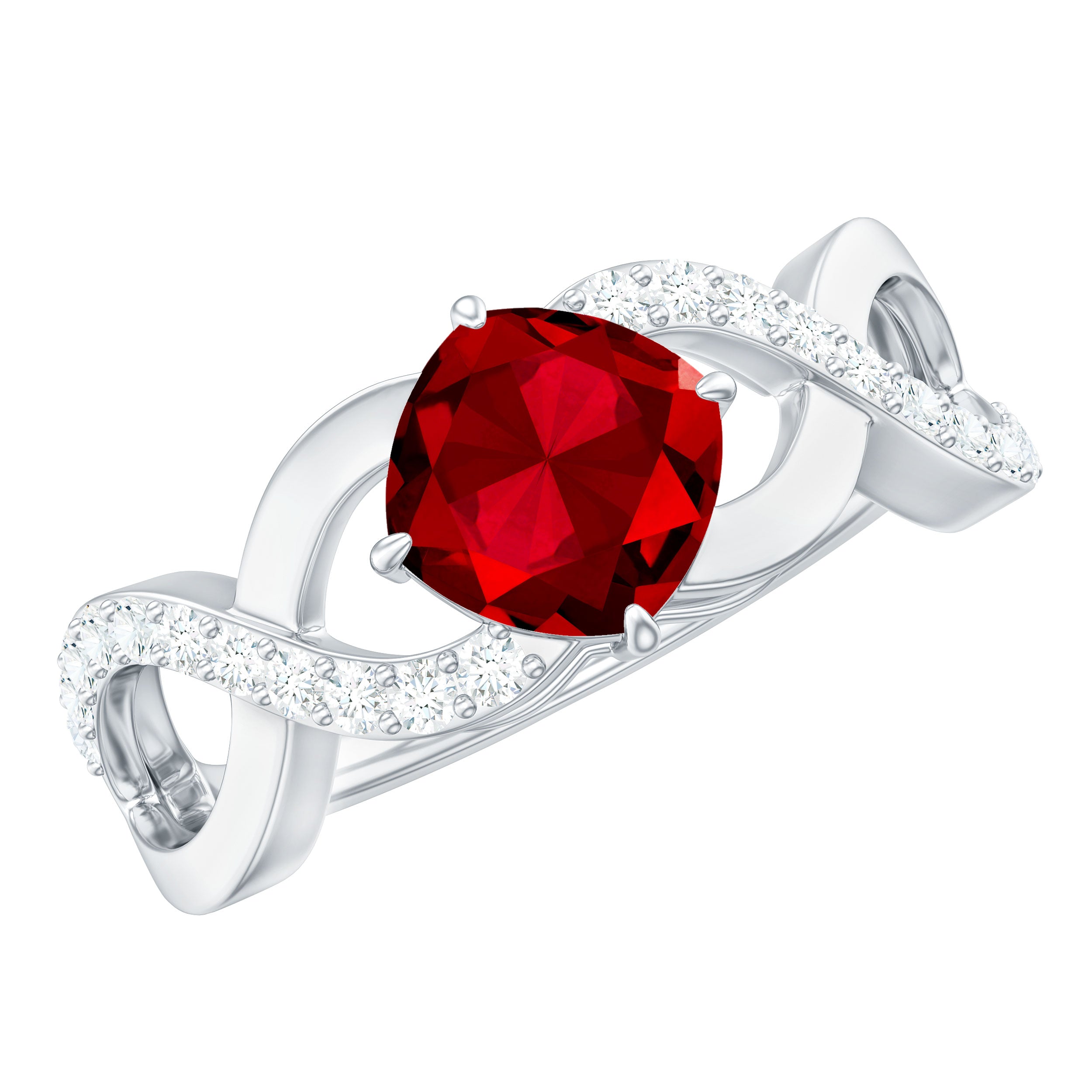 Rosec Jewels-Cushion Cut Lab Grown Ruby and Diamond Crossover Engagement Ring