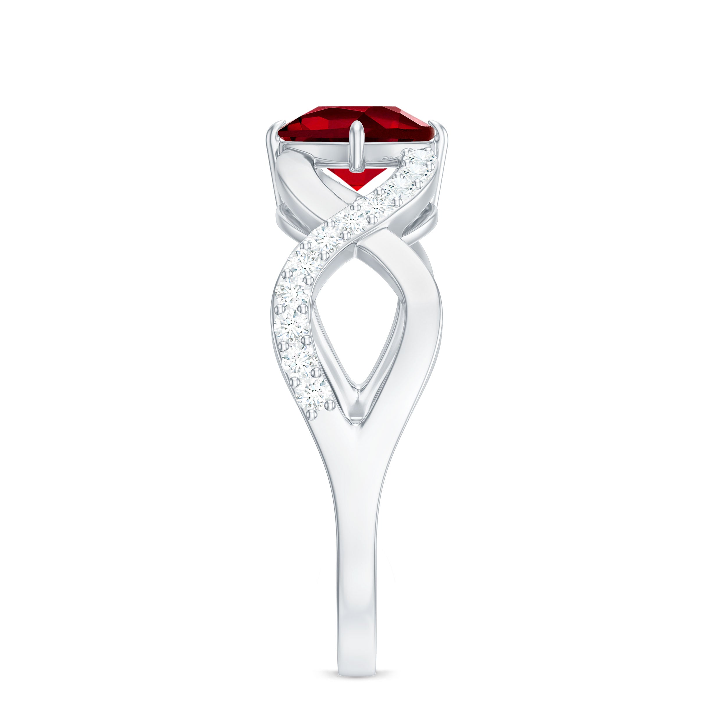Rosec Jewels-Cushion Cut Lab Grown Ruby and Diamond Crossover Engagement Ring