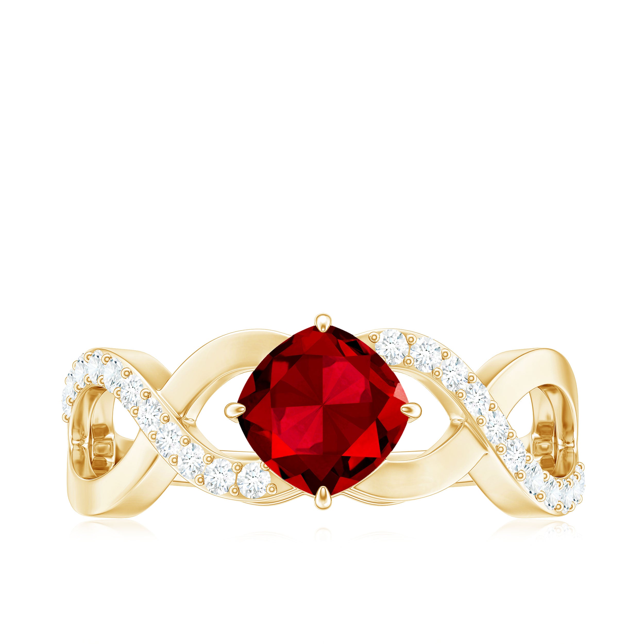 Rosec Jewels-Cushion Cut Lab Grown Ruby and Diamond Crossover Engagement Ring