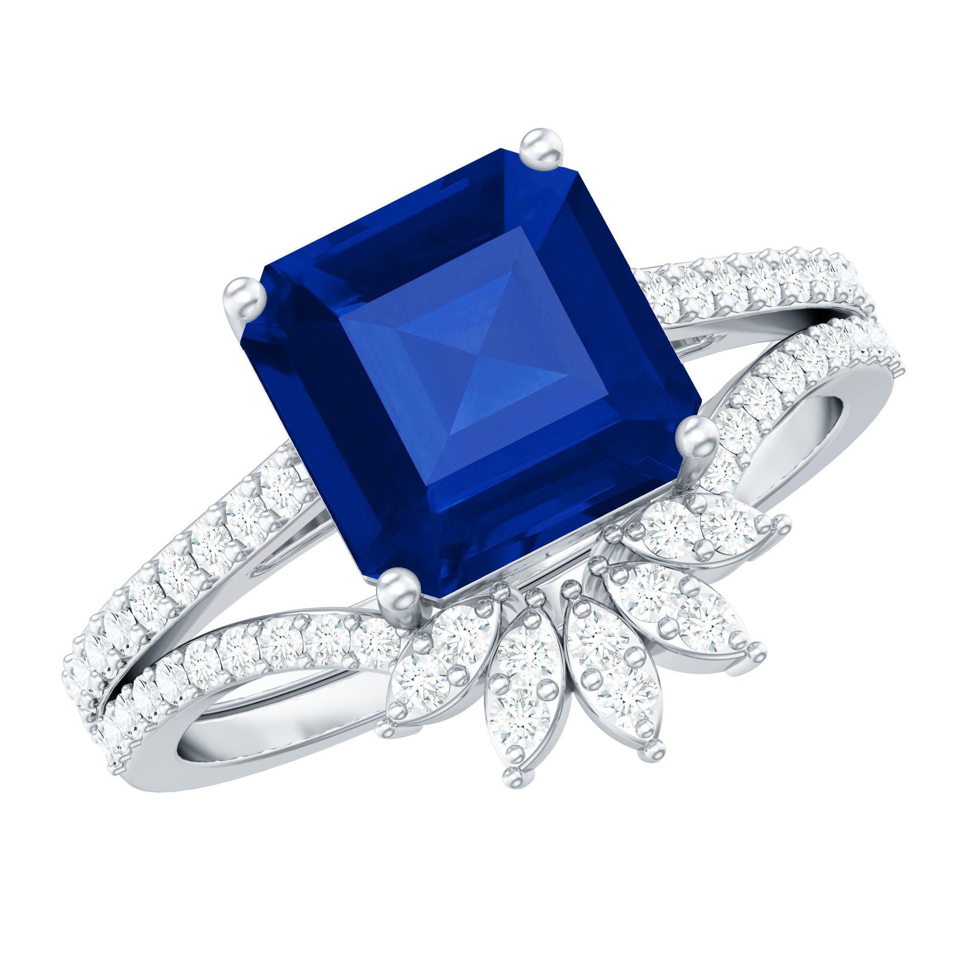 Asscher Cut Created Blue Sapphire Solitaire Wedding Ring Set with Diamond Accent