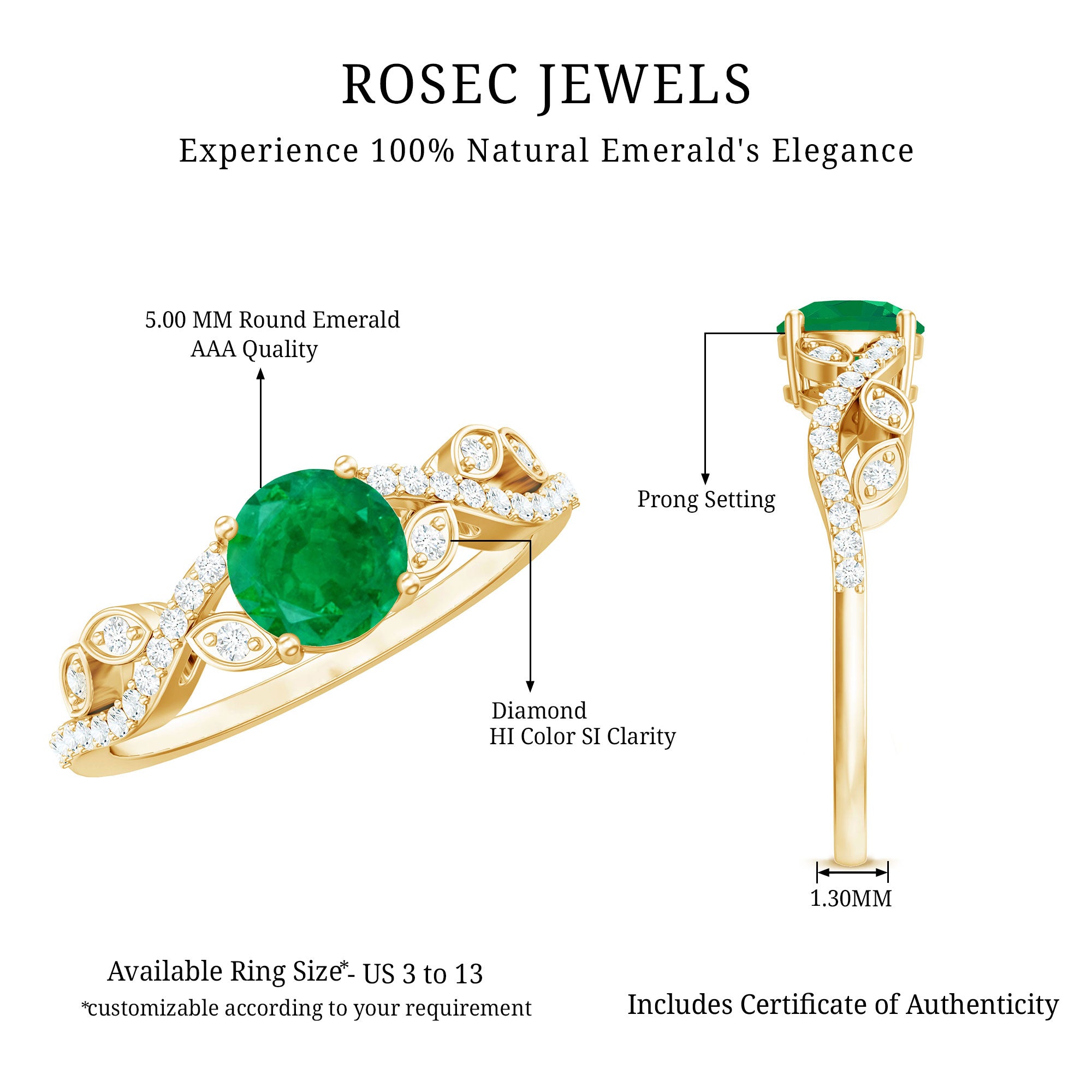 Rosec Jewels-Nature Inspired Emerald Engagement Ring with Natural Diamond