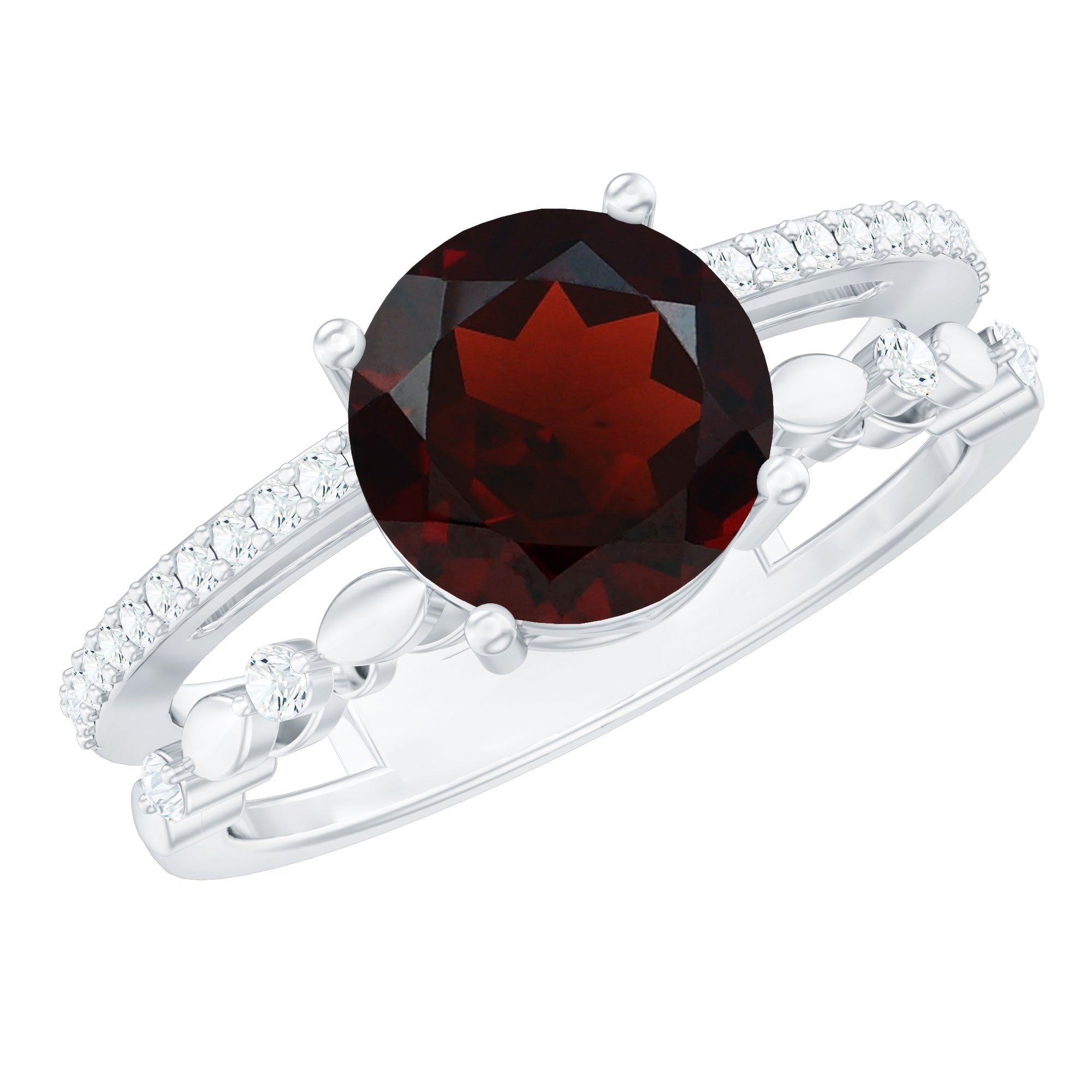 Solitaire Garnet Engagement Double Band Ring with Diamond