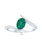 Certified 0.8 Carat Oval Cut Lab Grown Emerald Engagement Ring with Diamond Bypass Shank AAAA - Rosec Jewels