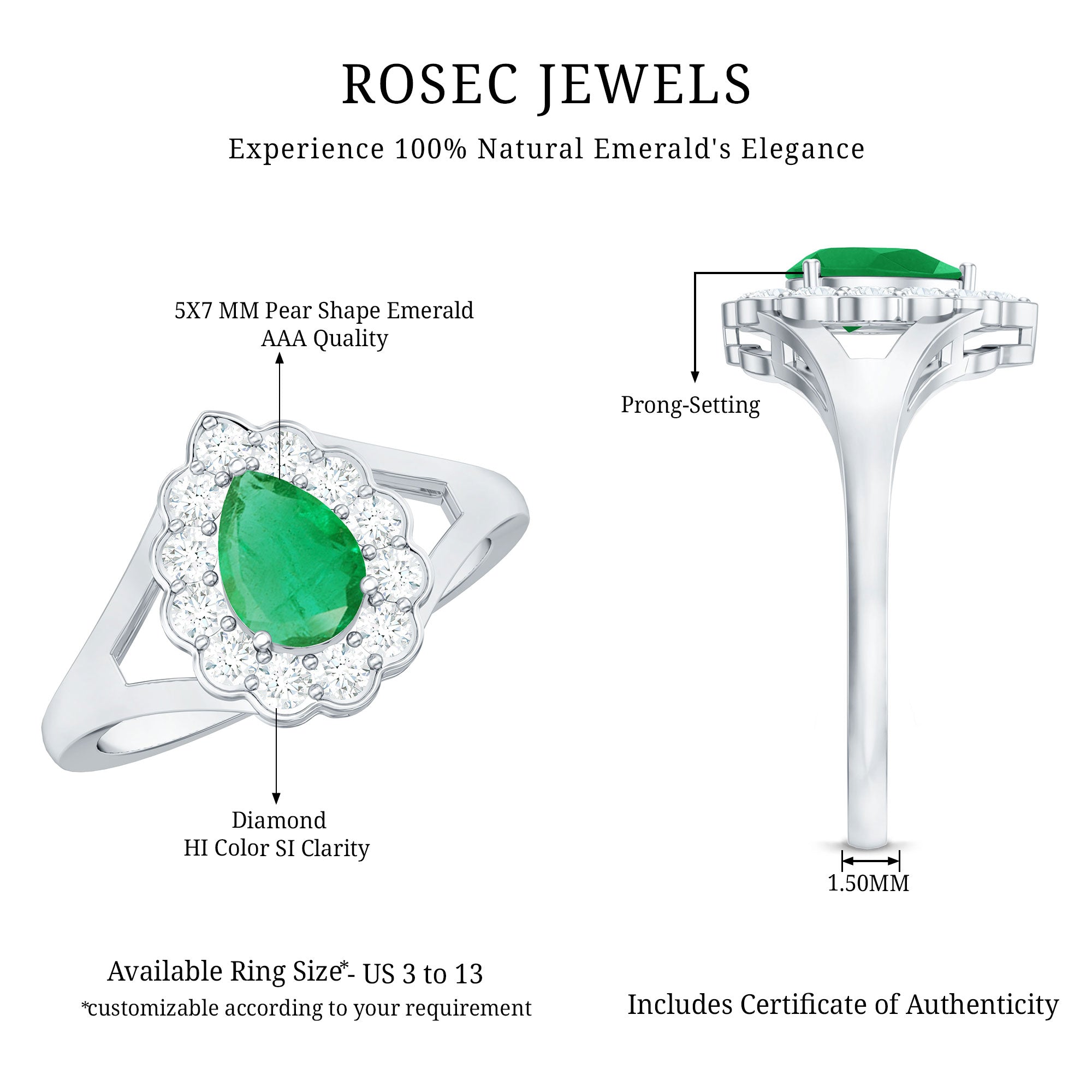5X7 mm Pear Cut Emerald Engagement Ring with Diamond Halo AAA - Rosec Jewels