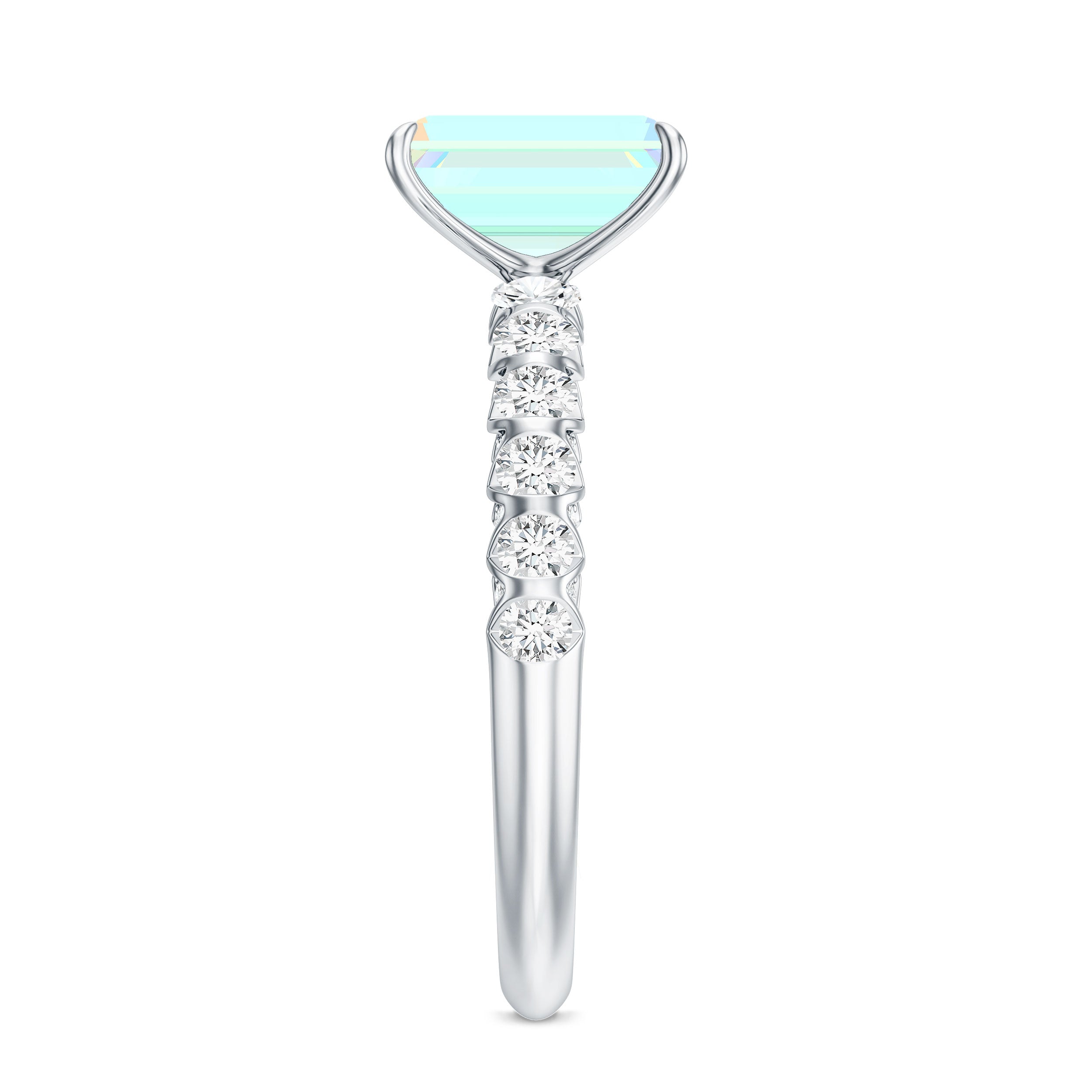 Genuine Ethiopian Opal Emerald Cut Engagement Ring with Diamond Side Stones AAA - Rosec Jewels
