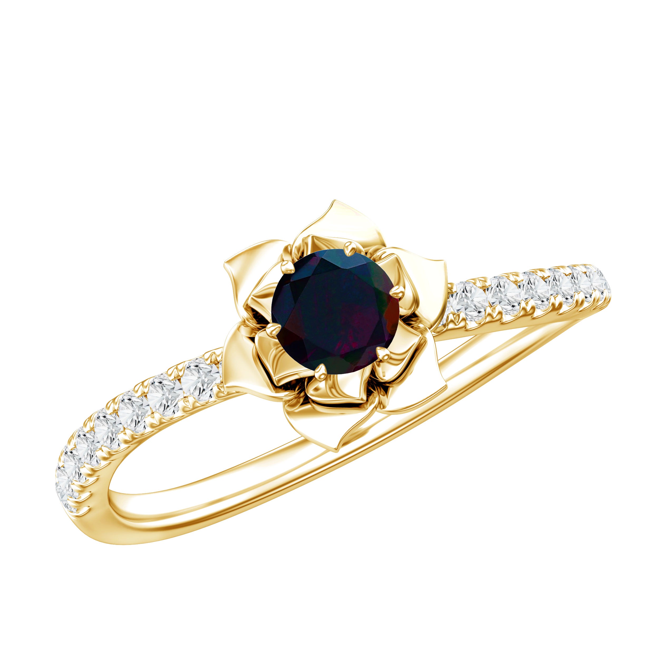 Real Black Opal and Diamond Flower Engagement Ring AAA - Rosec Jewels