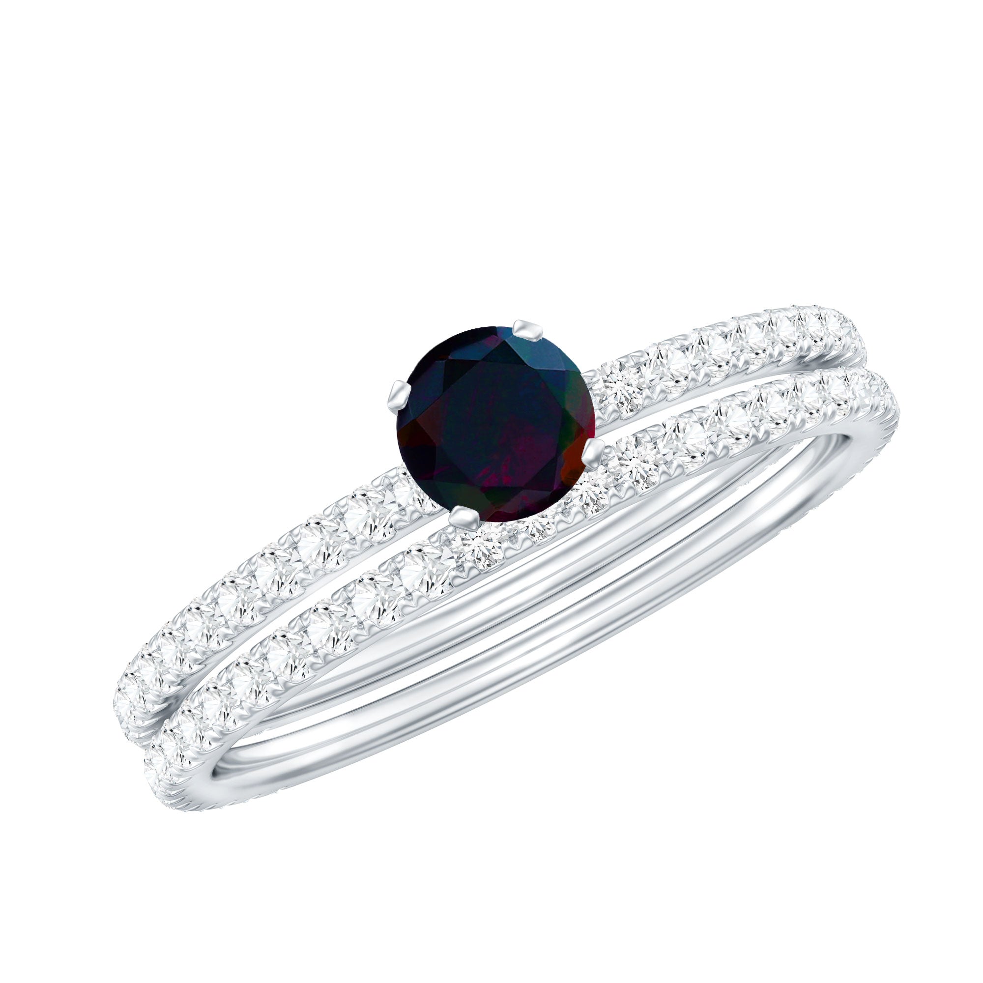 1.25 CT Minimal Wedding Ring Set with Black Opal and Diamond AAA - Rosec Jewels