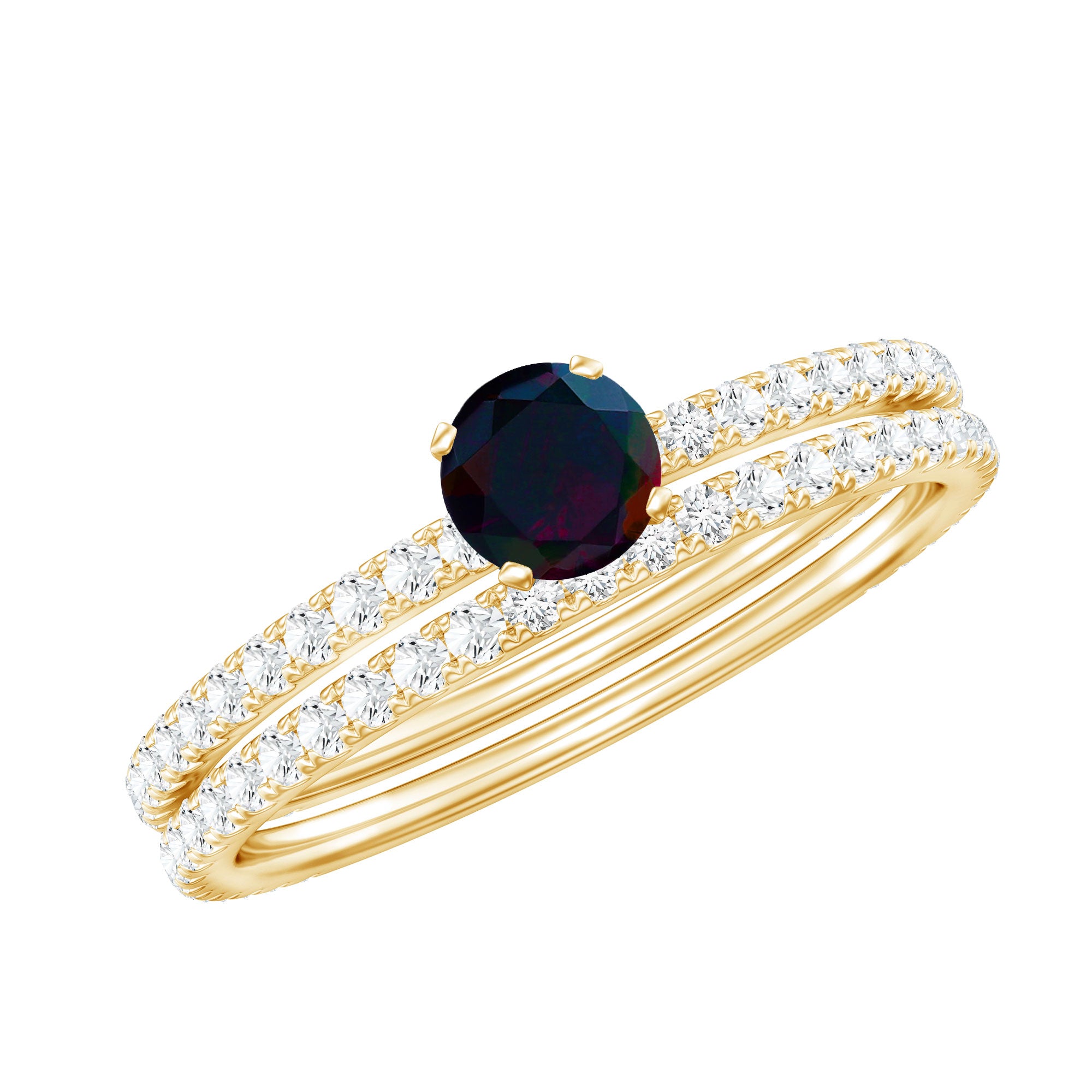 1.25 CT Minimal Wedding Ring Set with Black Opal and Diamond AAA - Rosec Jewels