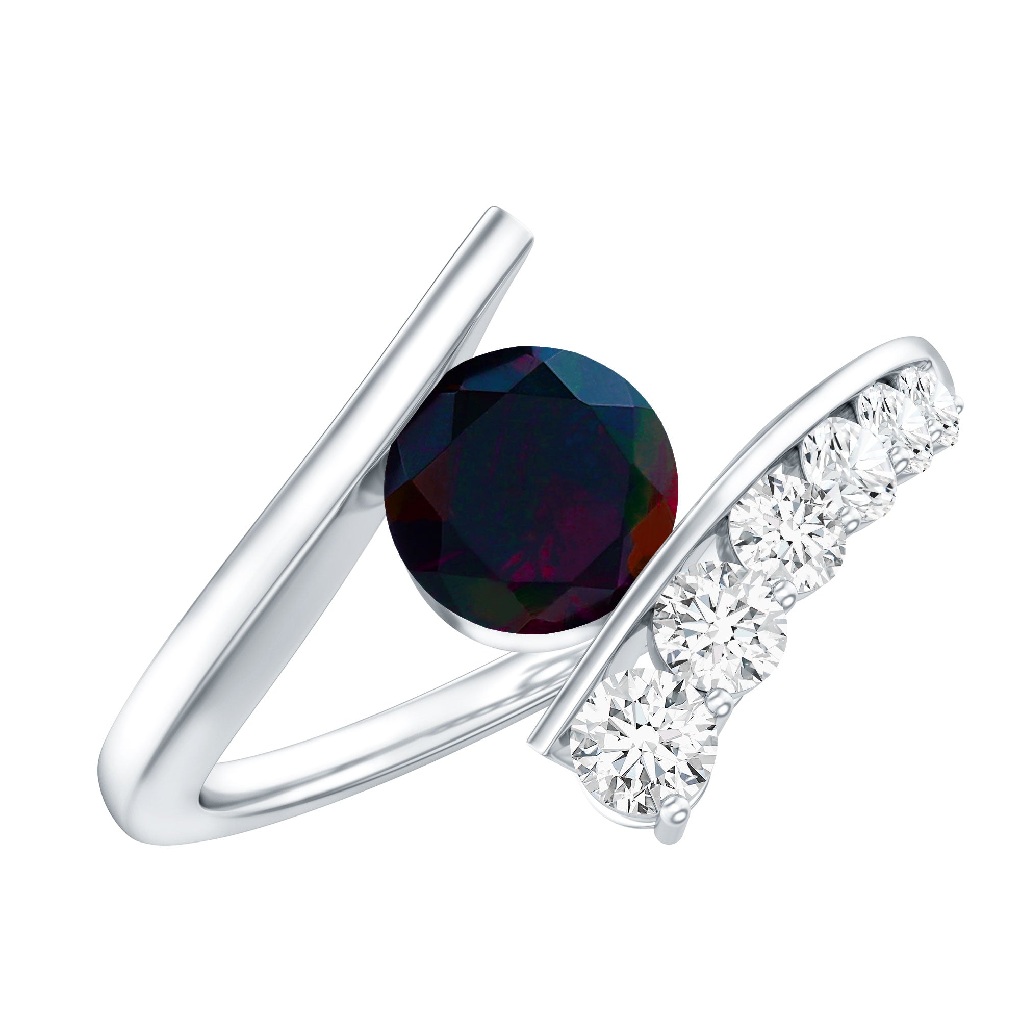 Round Black Opal Solitaire Bypass Ring with Diamond AAA - Rosec Jewels