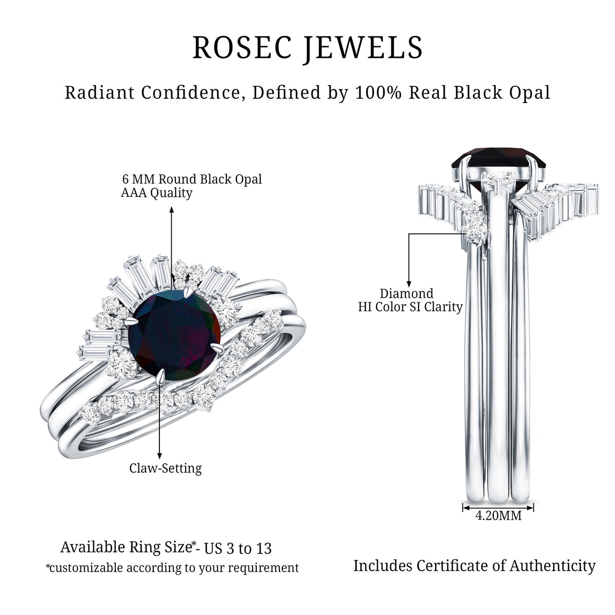 Black Opal Designer Trio Wedding Ring Set with Diamond AAA - Rosec Jewels