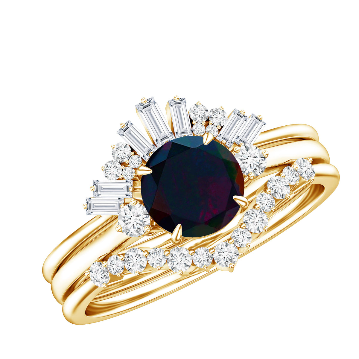 Black Opal Designer Trio Wedding Ring Set with Diamond AAA - Rosec Jewels