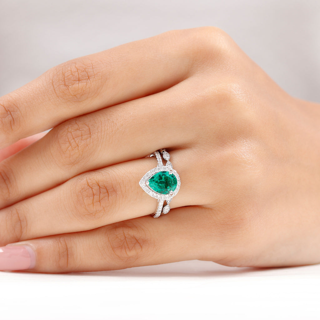 Pear Shape Created Emerald and Diamond Designer Wedding Ring Set Lab Created Emerald - ( AAAA ) - Quality - Rosec Jewels