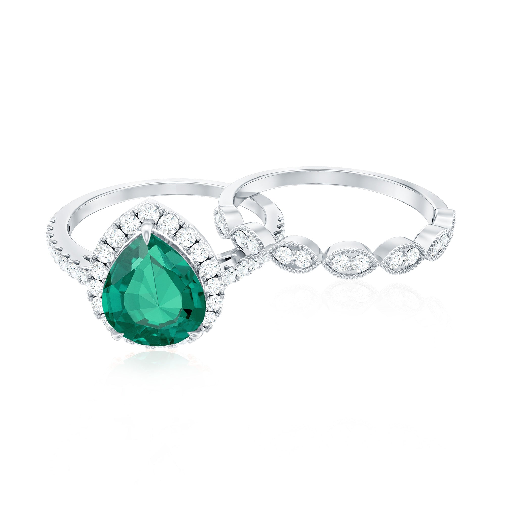Designer Lab Grown Emerald Diamond Teardrop Engagement Ring with Wedding Band AAAA - Rosec Jewels