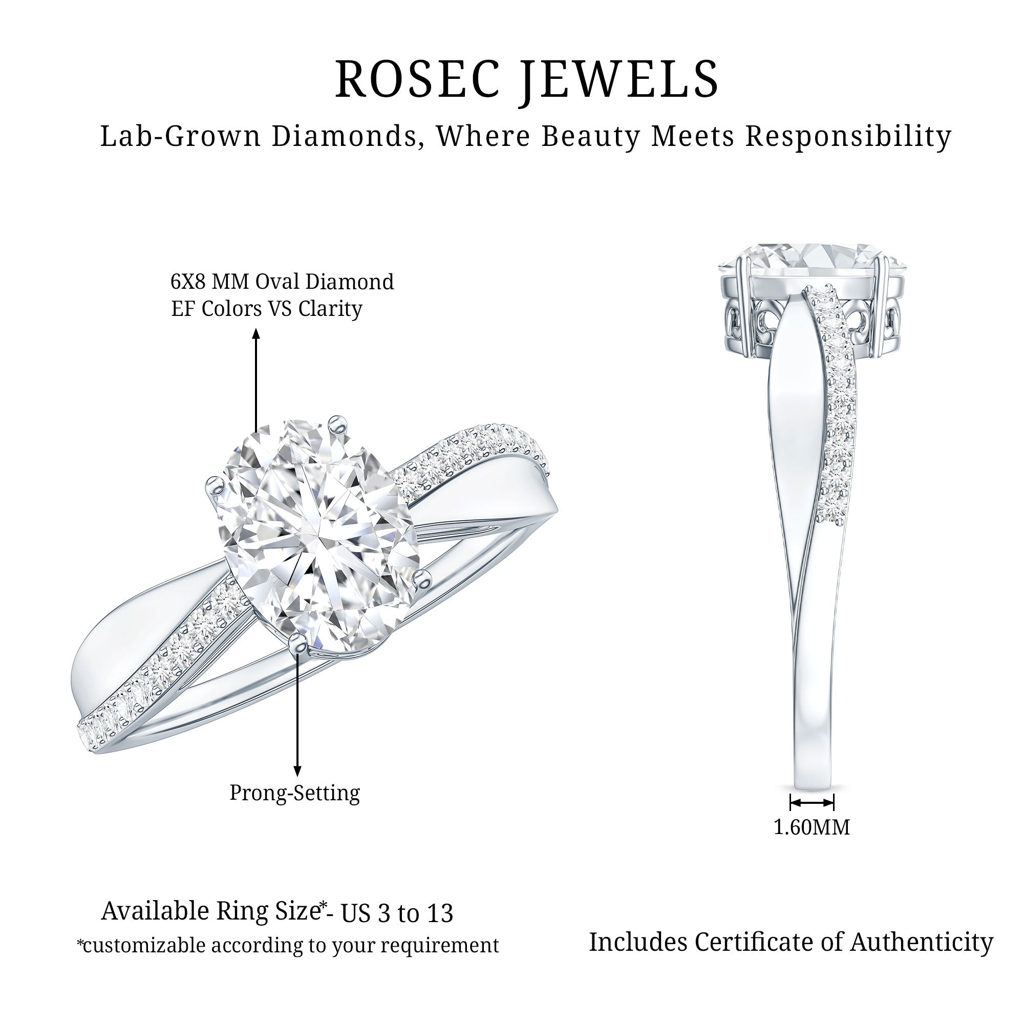 Classic Oval Shape Lab Grown Diamond Solitaire Engagement Ring Lab - ( EF-VS ) - Rosec Jewels