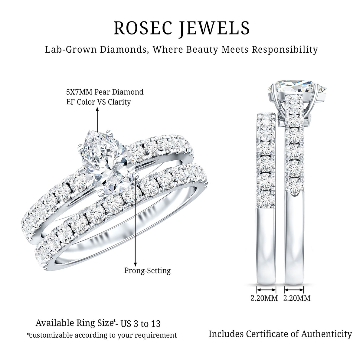 Minimal Pear Shape Lab Grown Diamond Wedding Ring Set Lab - ( EF-VS ) - Rosec Jewels