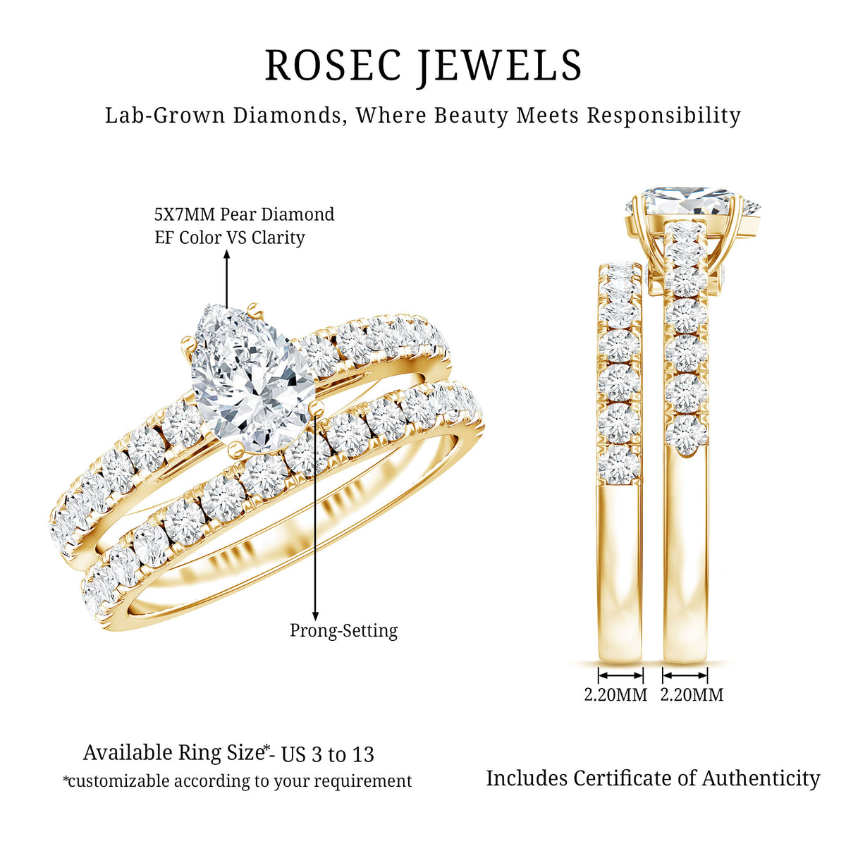 Minimal Pear Shape Lab Grown Diamond Wedding Ring Set Lab - ( EF-VS ) - Rosec Jewels