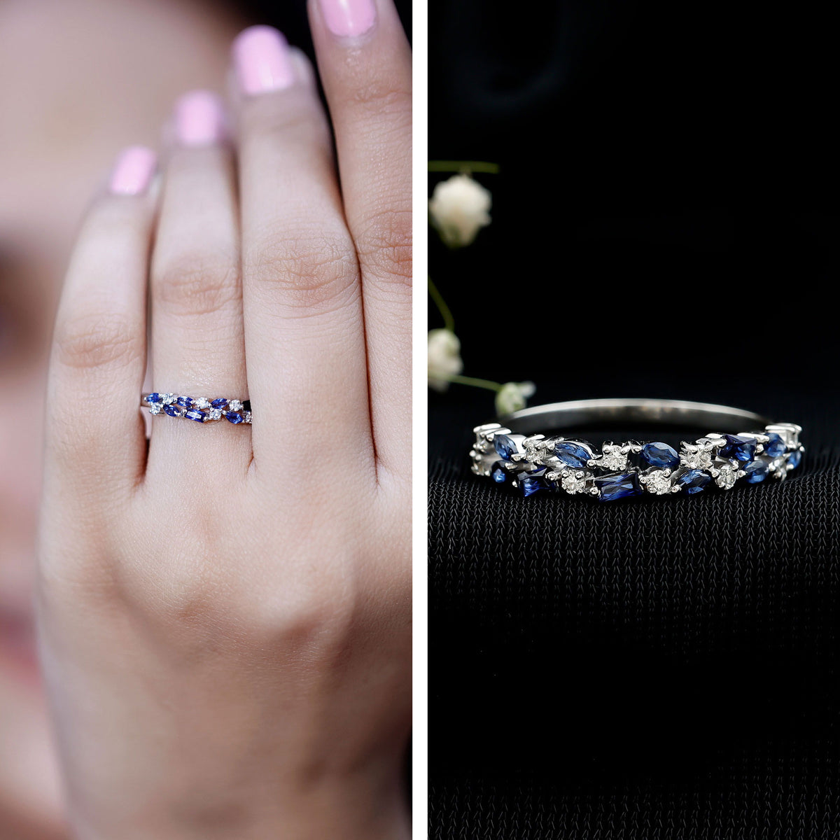 Certified Lab Grown Blue Sapphire Diamond Half Eternity Band Ring AAAA - Rosec Jewels