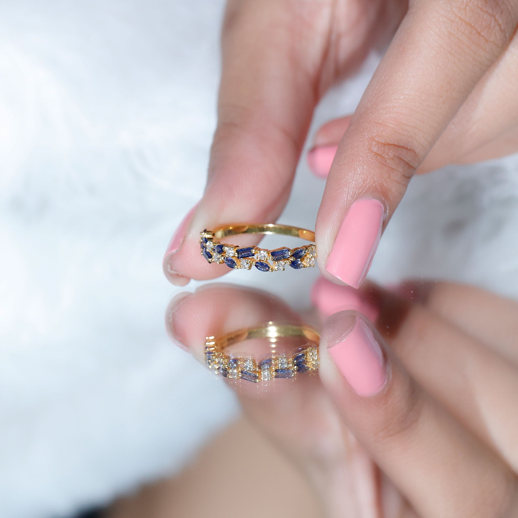 Certified Lab Grown Blue Sapphire Diamond Half Eternity Band Ring AAAA - Rosec Jewels