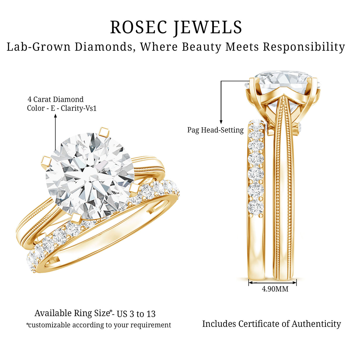 Rosec Jewels-Lab Grown 4 Carat Diamond Solitaire Wedding Ring Set with IGI Certificate