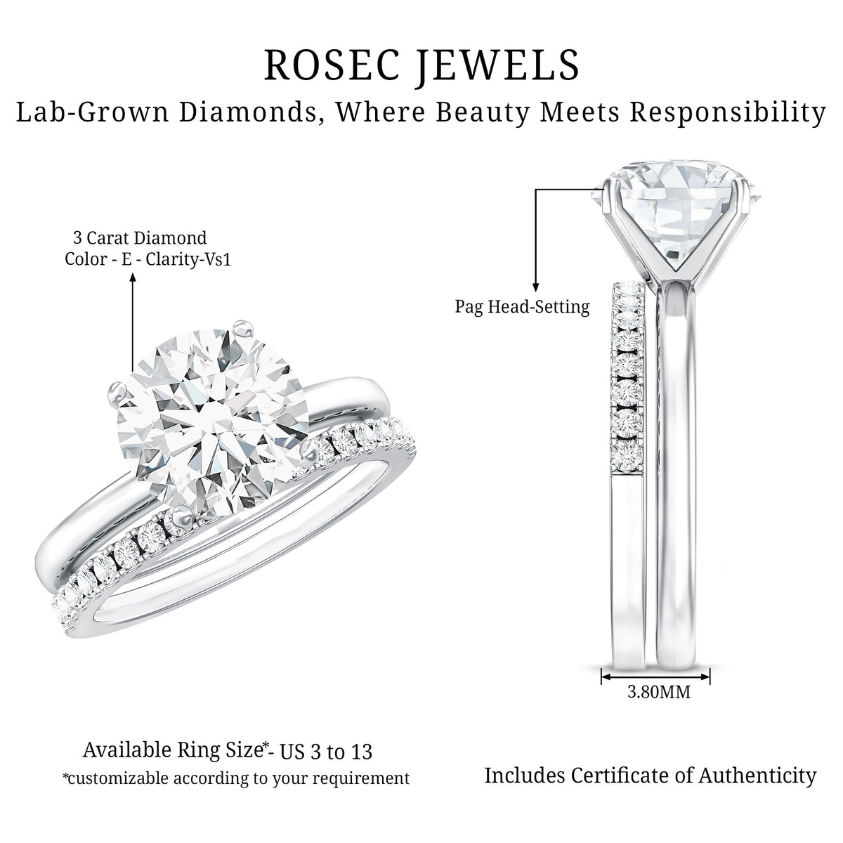 Round Shaped 3 Carat Lab Grown Diamond Solitaire Bridal Ring Set with IGI Certificate Lab - ( E-VS1 ) - Rosec Jewels