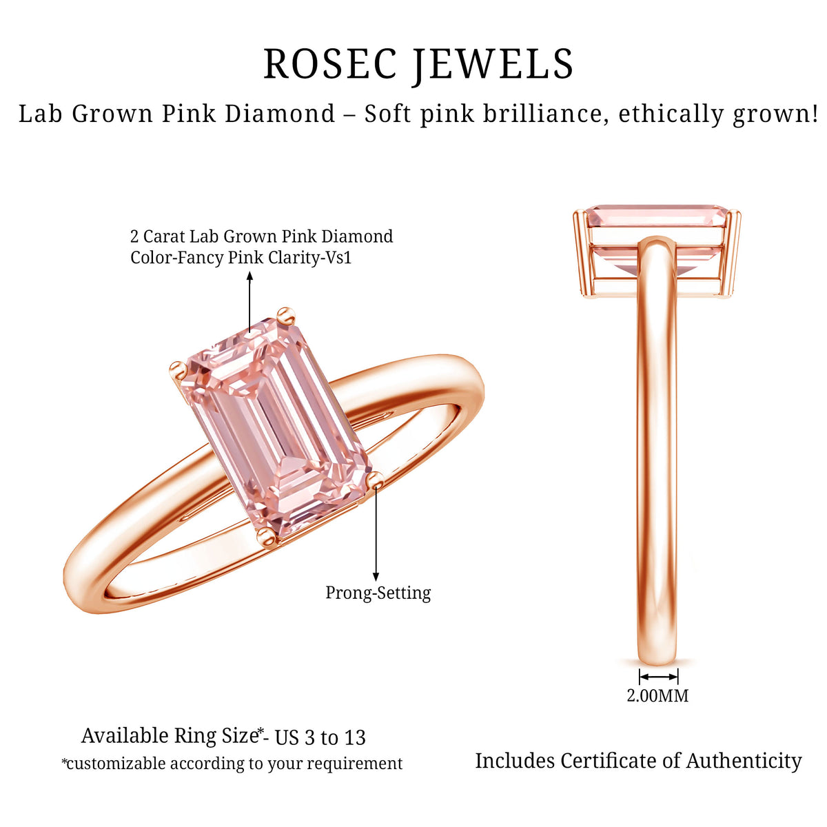 Rosec Jewels-2 Carat Lab Grown Pink Diamond Emerald Cut Solitaire Engagement Ring IGI Certified