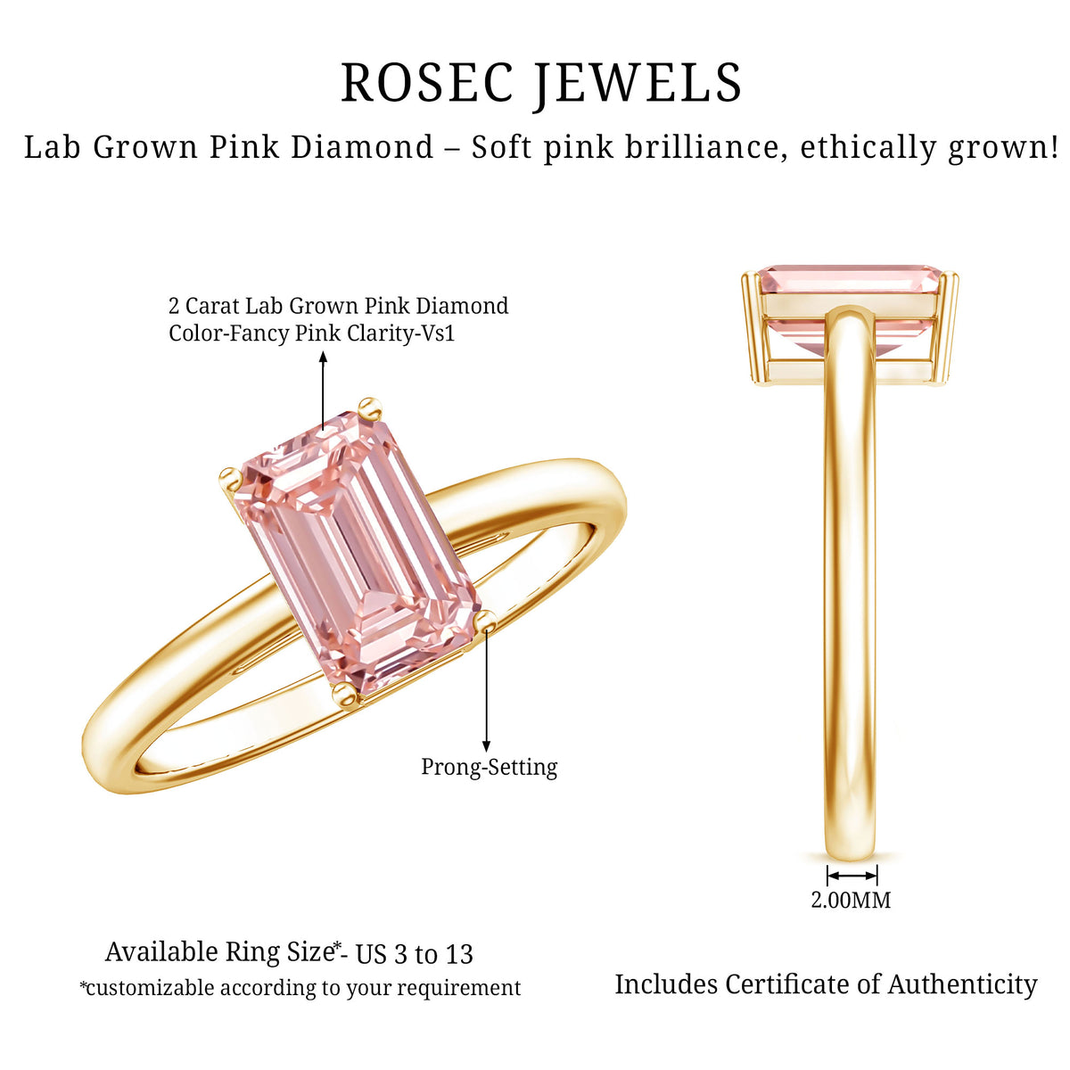 Rosec Jewels-2 Carat Lab Grown Pink Diamond Emerald Cut Solitaire Engagement Ring IGI Certified