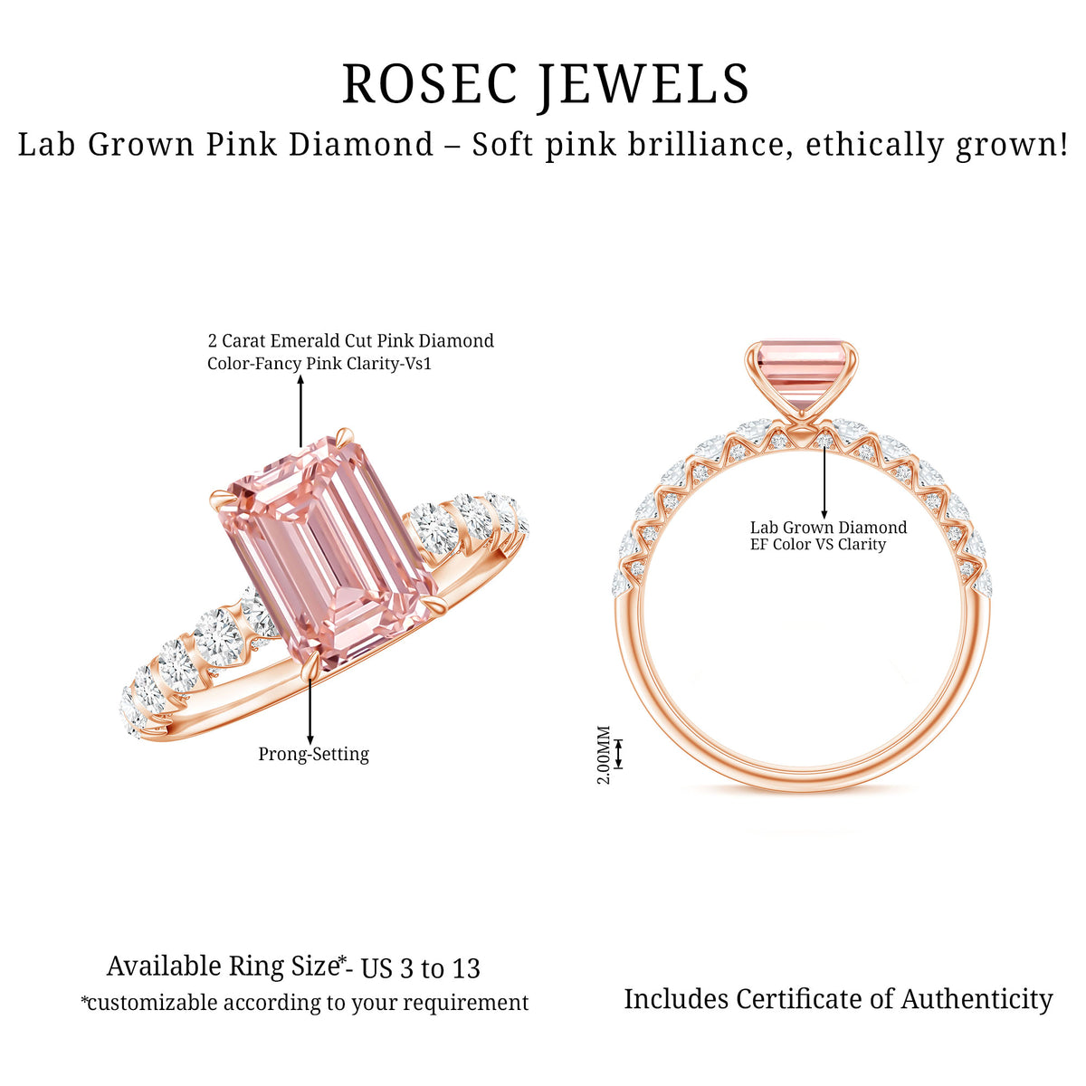 Rosec Jewels-IGI Verified 2 Carat Lab Grown Pink Diamond Side Stone Engagement Ring