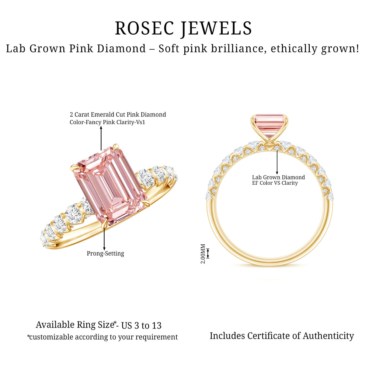Rosec Jewels-IGI Verified 2 Carat Lab Grown Pink Diamond Side Stone Engagement Ring