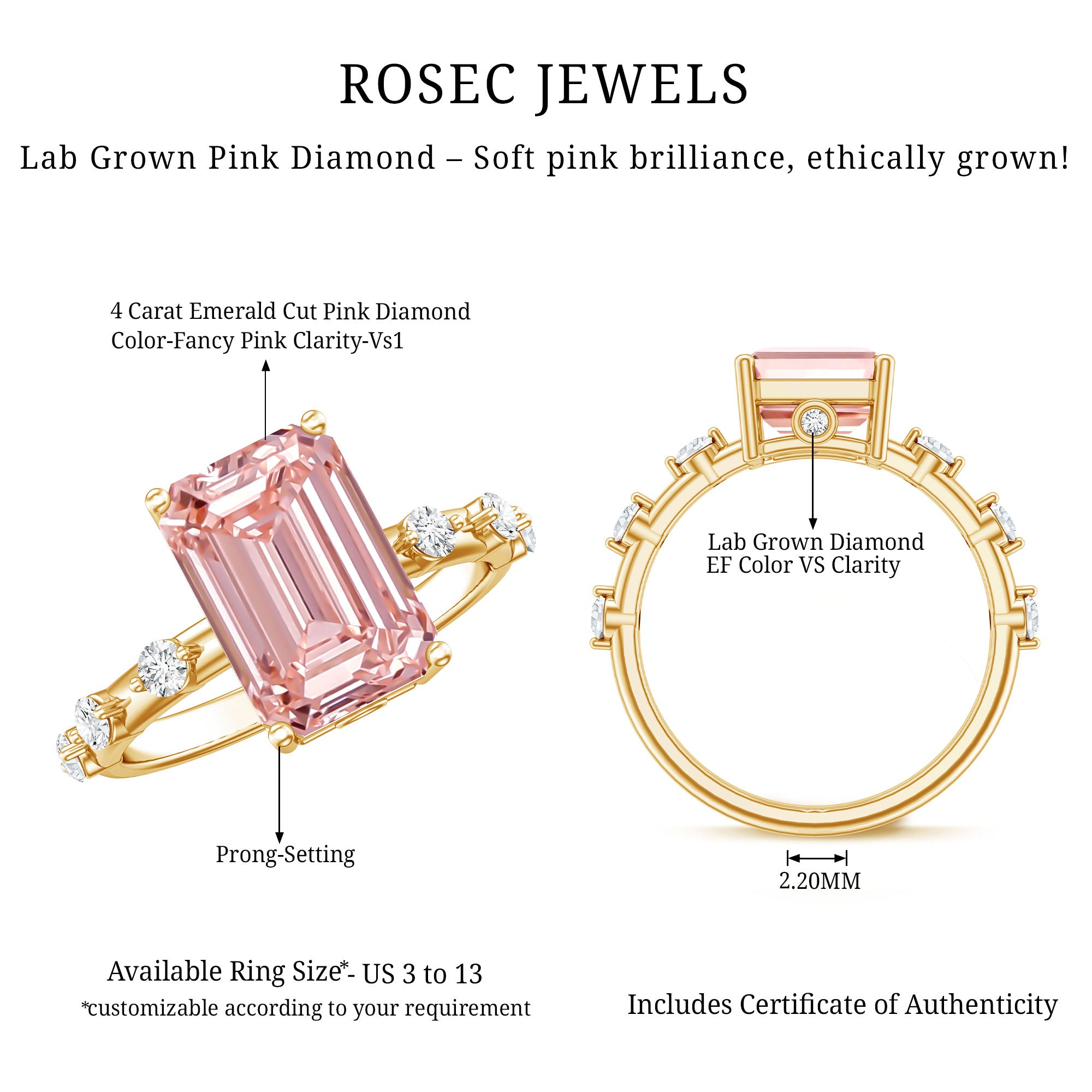 Rosec Jewels-IGI Verified 4 Carat Lab Grown Pink Diamond Emerald Cut Engagement Ring for Women