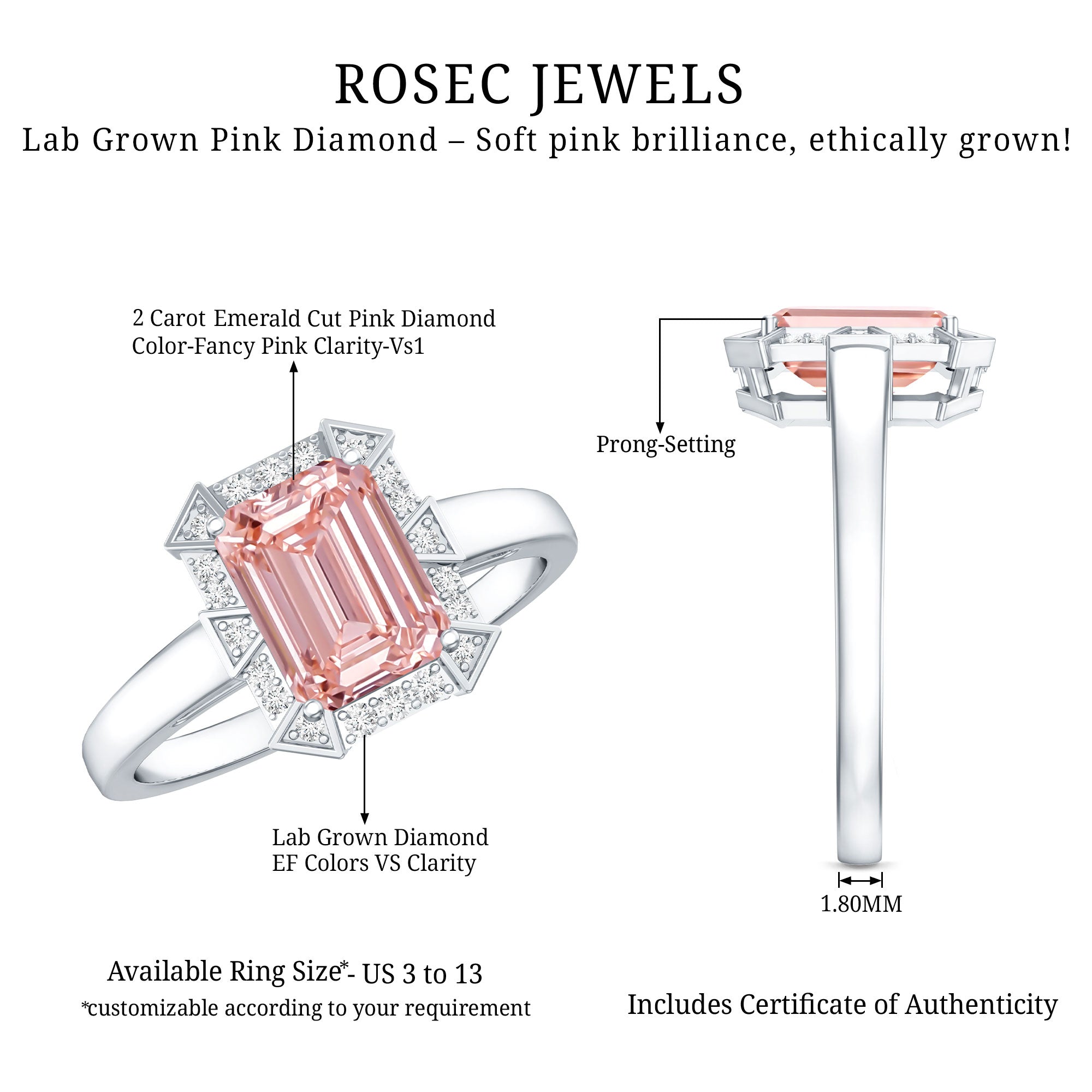 Rosec Jewels-Emerald Cut 2 Carat Lab Grown Pink Diamond Vintage Engagement Ring with IGI Certificate