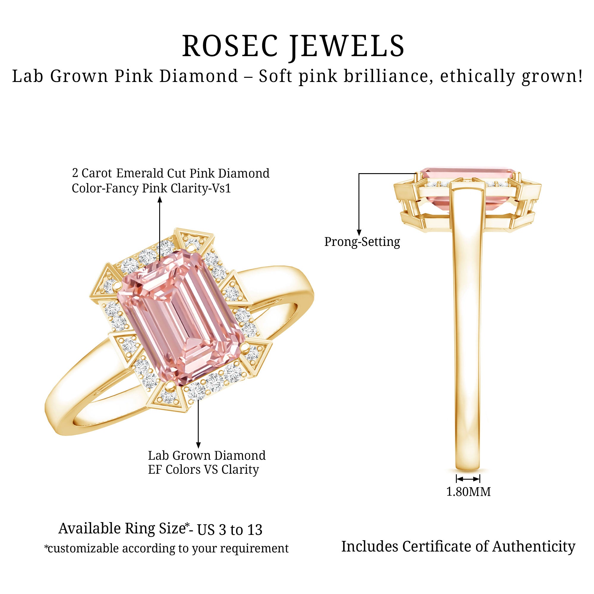 Rosec Jewels-Emerald Cut 2 Carat Lab Grown Pink Diamond Vintage Engagement Ring with IGI Certificate